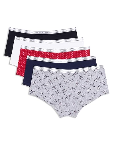 Tommy Hilfiger womens Classic Cotton Boyshort Underwear With Logo Waistband 5-pack - Medium - Th Flag Stack Heather Grey/Navy Blazer/Super Mini Dots Apple Red/Bright White/Black