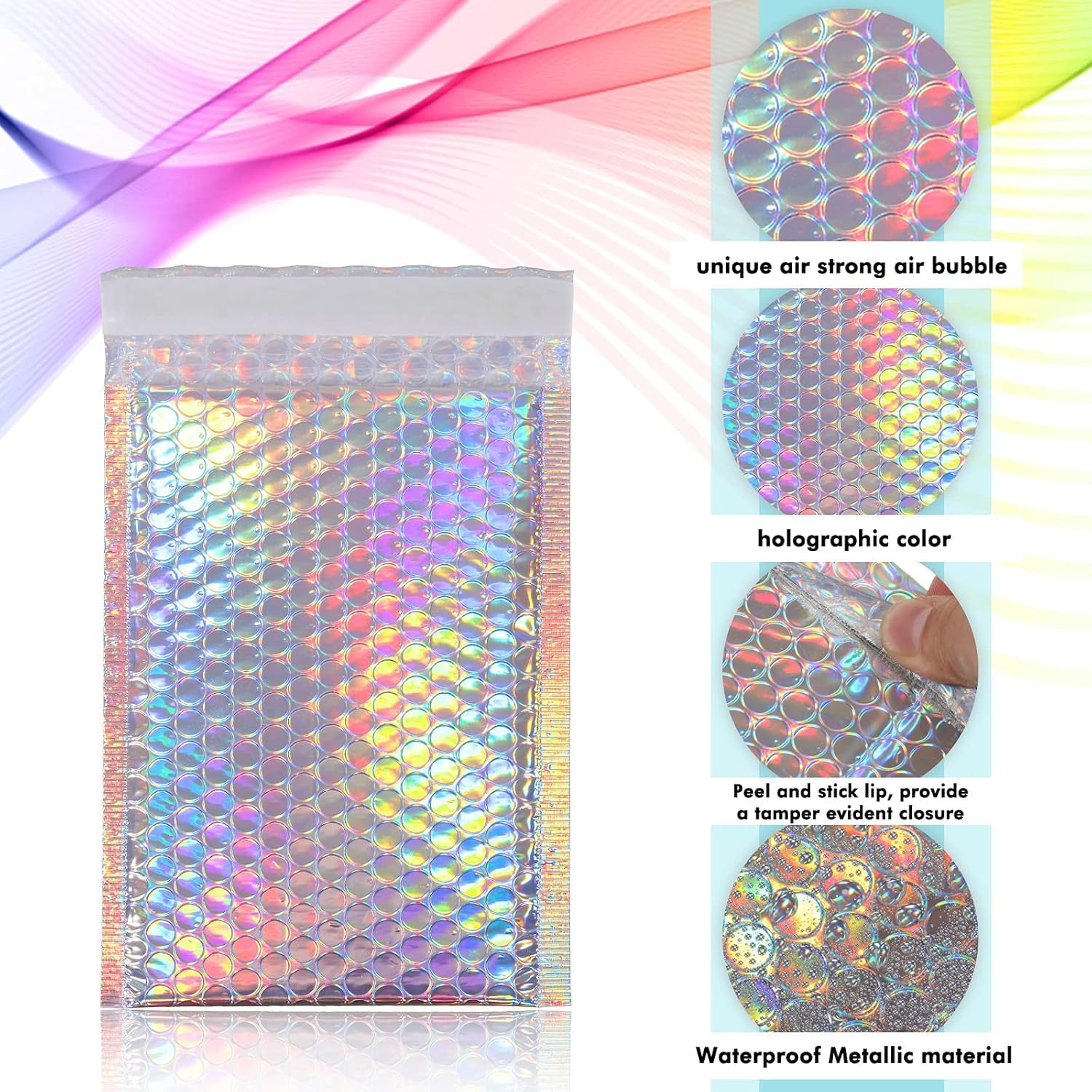 50 piezas metálicas acolchadas de burbujas para envío, sobres holográficos, sobres acolchados con purpurina, cierre adhesivo, bolsas de envío, 3 tamaños
