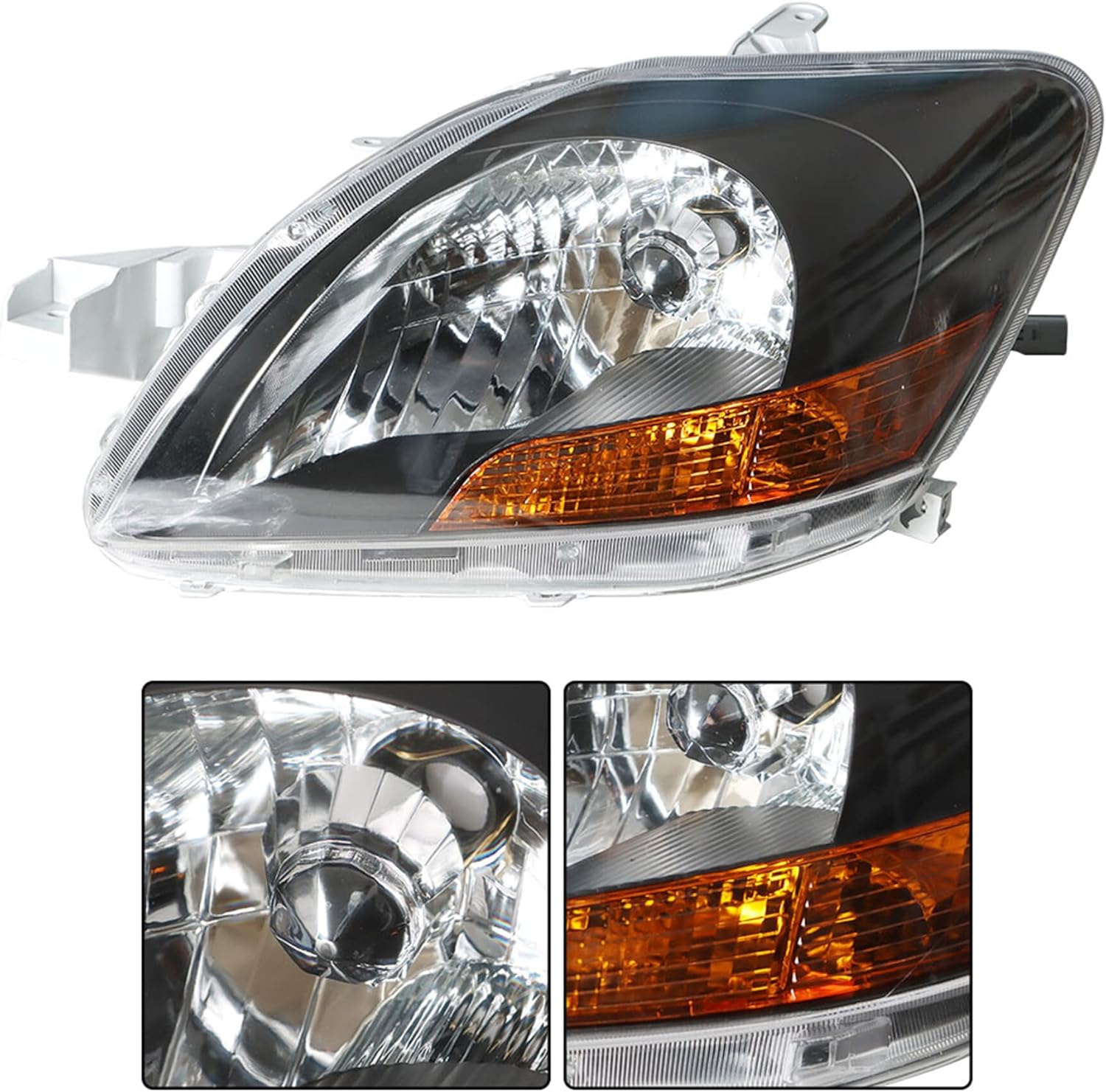 Headlight Assembly Headlamp Driver & Passenger Side Replacement for Yaris 2007 2008 2009 2010 2011 Base Sedan 4-Door with Amber Corner TO2518108, TO2519108, 8117052740, 8113052750