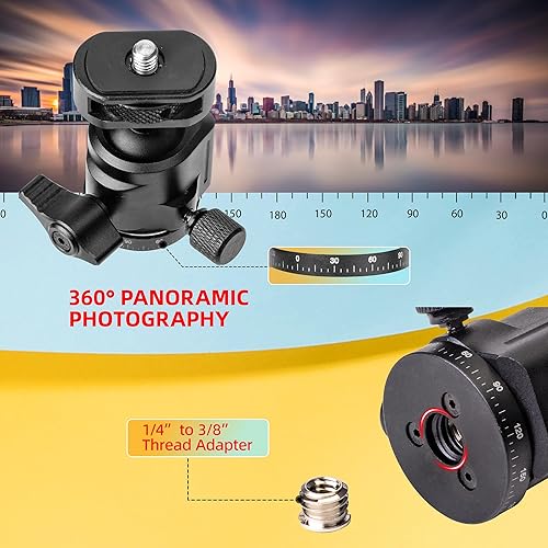 Vista 7 de Zeadio Soporte de cabeza esférica con rosca de 1/4" y 3/8" - Cabezal de trípode de montaje de cámara de metal panorámico de 360° para DSLR, cardán