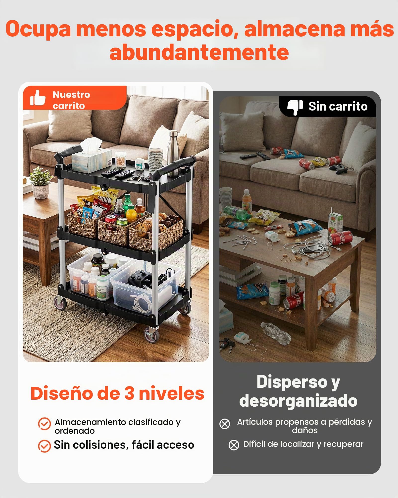 VEVOR Carro de Servicio 65x39x83 cm Carro de Transporte Utilitario Plegable 3 Estantes Capacidad Total 74,8 kg​ 25 kg​/Estante Ruedas Giratorias (2 con Frenos) para Garaje Herramientas Almacén Oficina