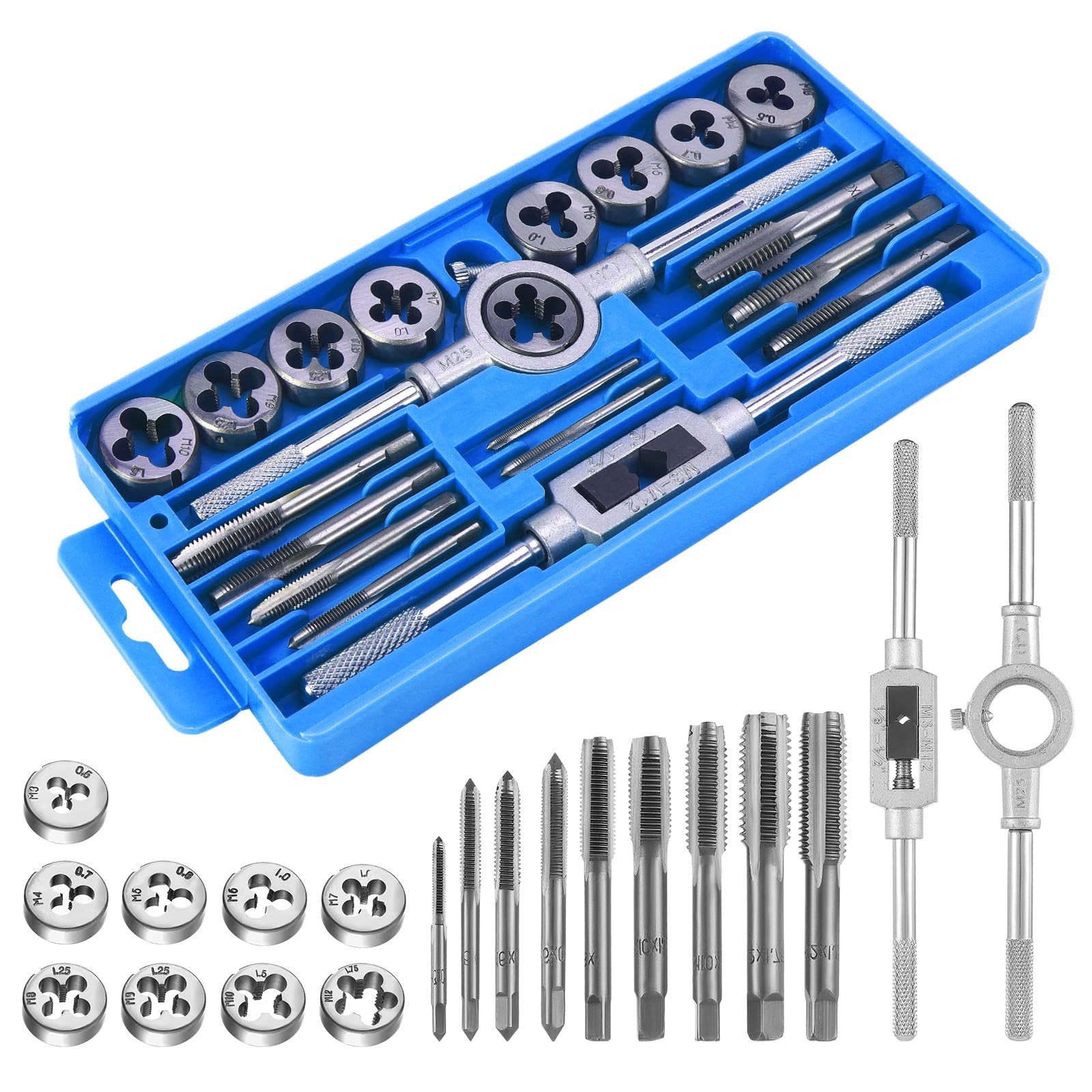 Gueenky 20 Pieces Tap and Die Set, M3-M12 Metric Tapping and Threading Tool Bearing Steel Tap and Die Set with Tap Wrench for Cutting External Internal Thread