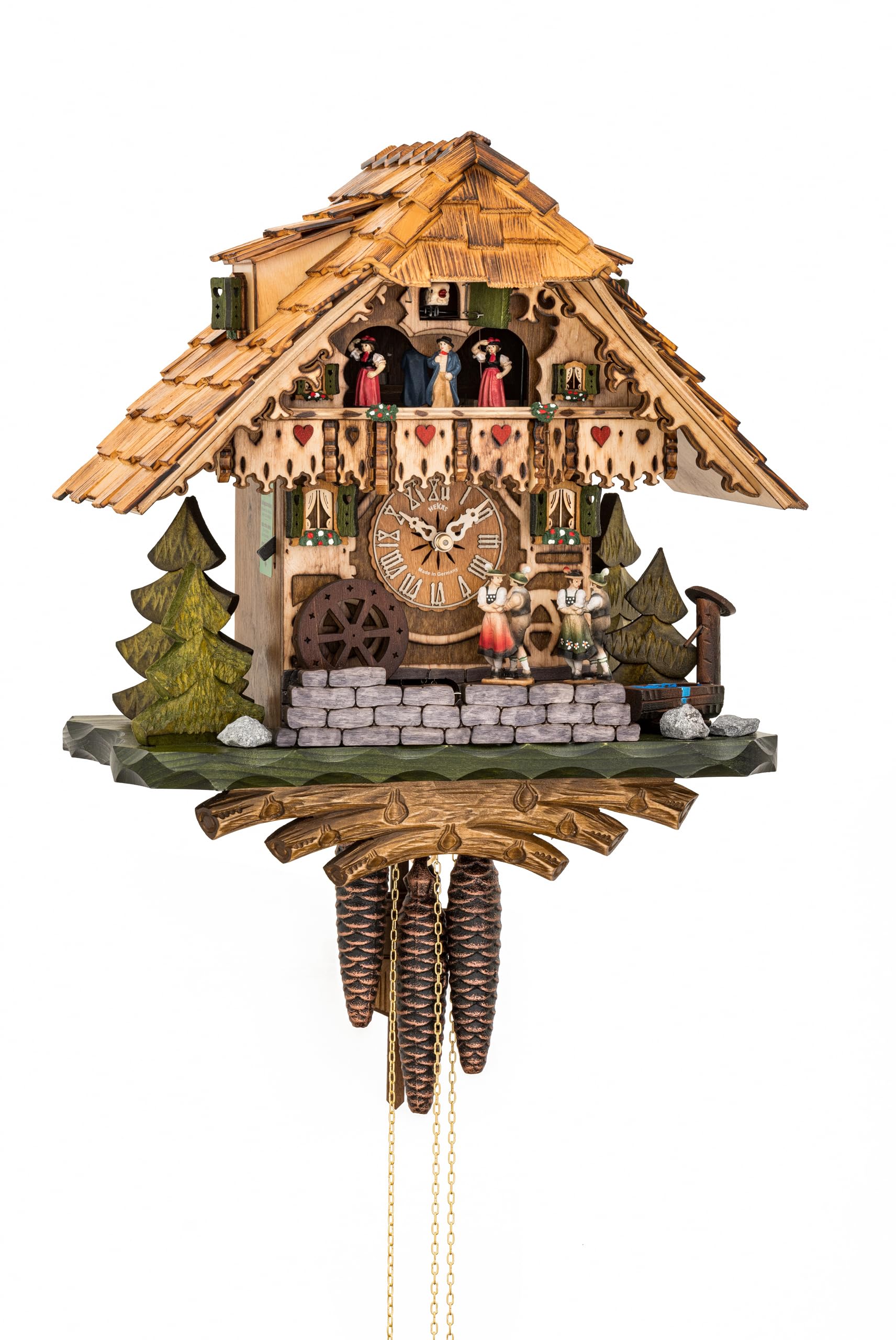 Hekas Cuckoo Clock Black Forest House with Moving Dancing Couples and Rotating Mill Wheel KA 3699 EX