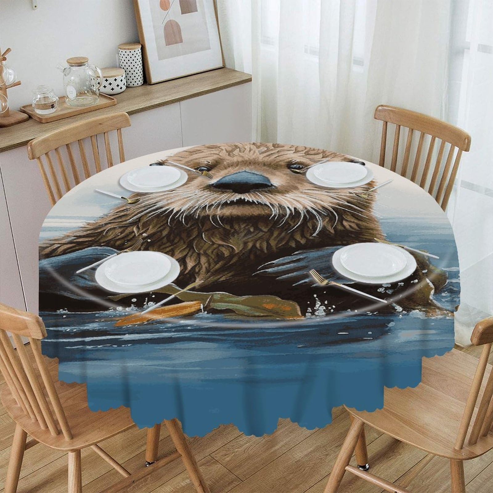 FekiLoot Sea Otter Round Tablecloths 60 Inch Resistant Washable Polyester Table Cloth Style Decorative Circle Fabric Table Cover for Dining Kitchen Party Farmhouse Outdoor