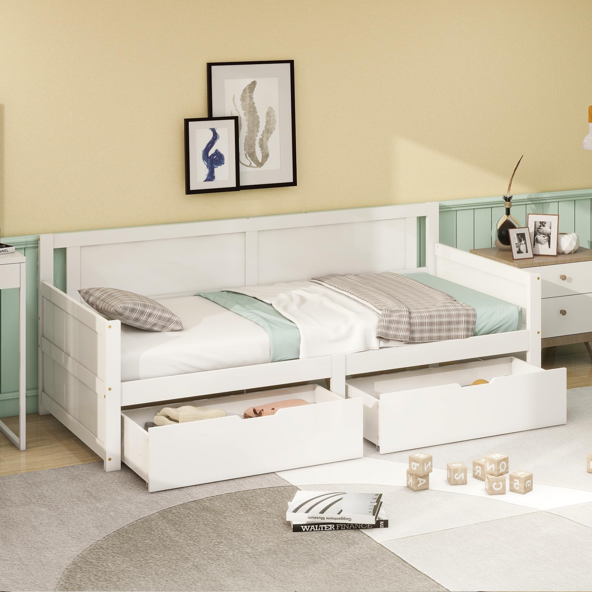 Sofá Cama Infantil Con Cajones Y Estantes - 90x200 Cm, Madera Maciza, Color Blanco, Ahorra Espacio