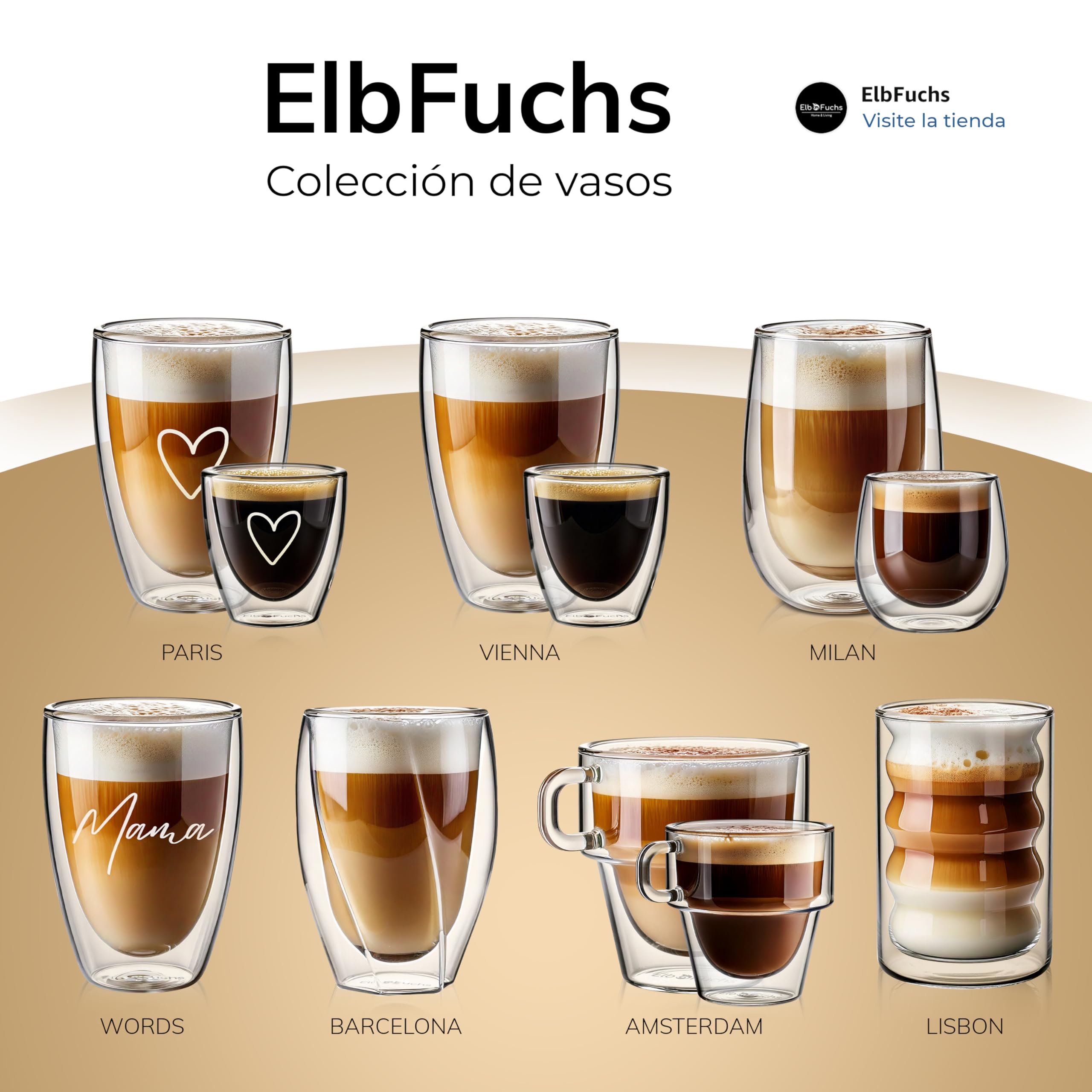 ElbFuchs® Vasos de cristal de doble pared Latte Macchiato [4×400 ml] vasos térmicos transparentes con cucharillas – para cappuccino, café & té