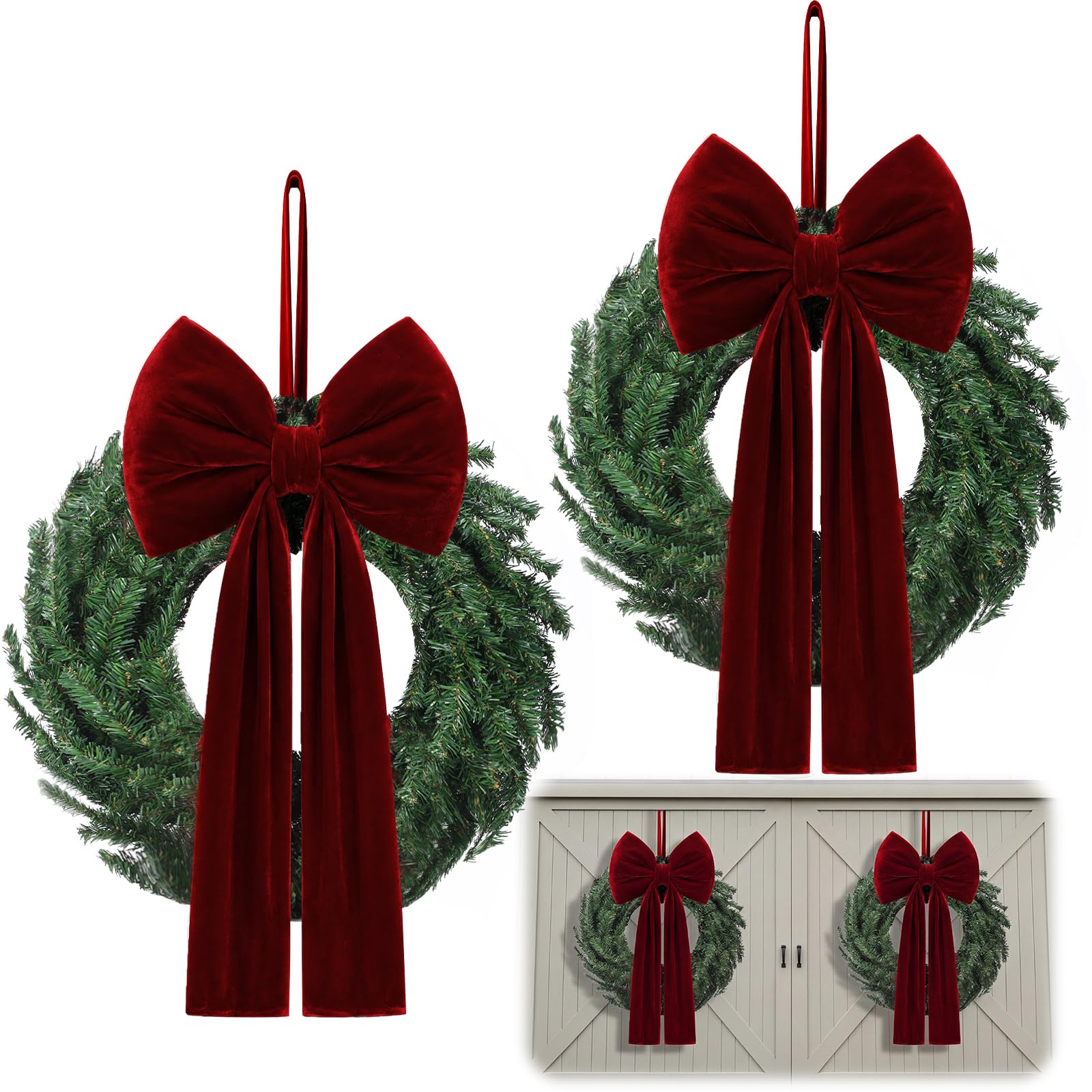 Hotop 2 Pcs 30 Inch Outdoor Christmas Wreath with Large Burgundy Velvet Bow