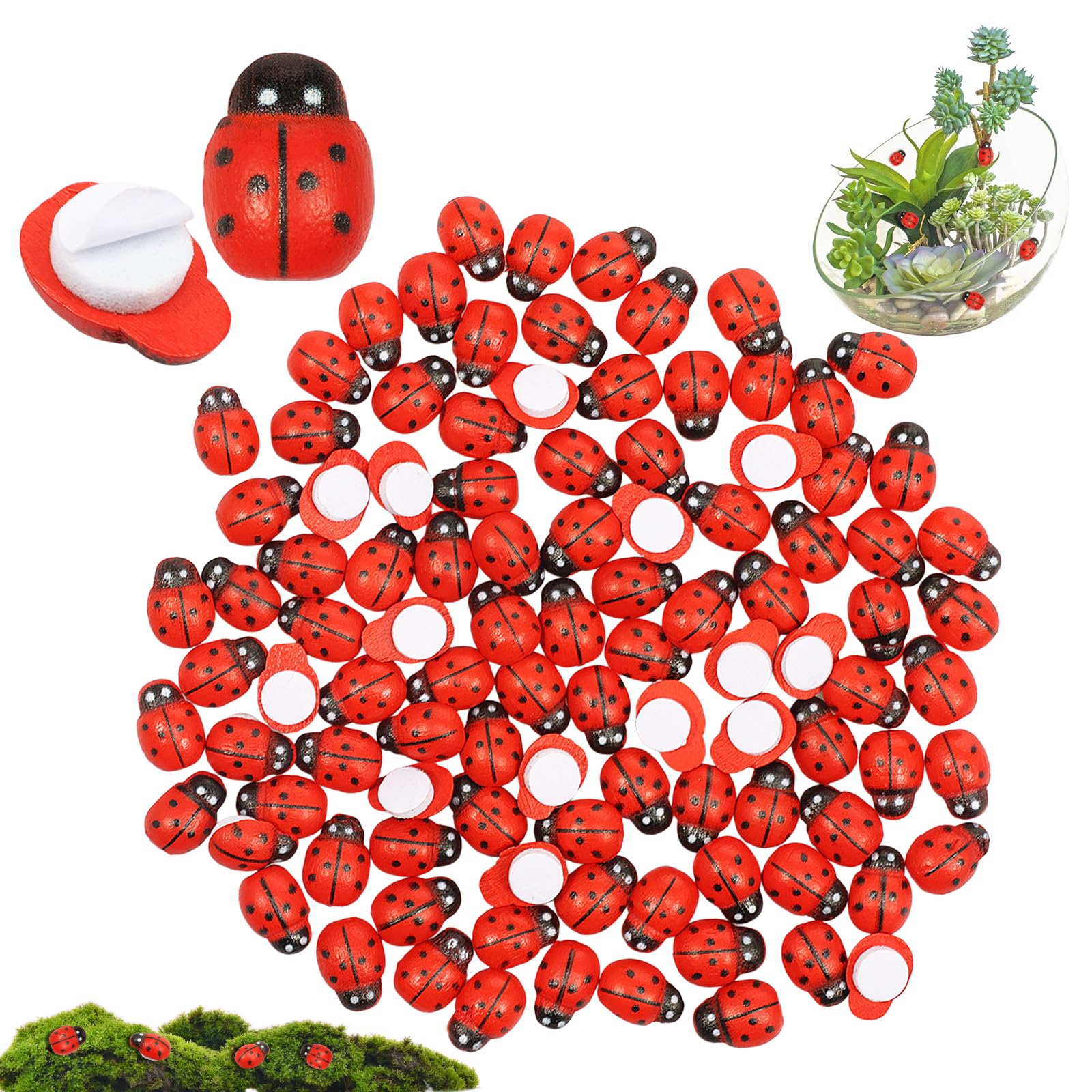 MENIBBLER 100Pcs Mini Wooden Bee and Ladybug Stickers, Self Adhesive Tiny Wood Bees Ladybirds Embellishments for DIY Crafts, Microlandscape, Scrapbooking, Card Making, Home Party Decoration(Red)
