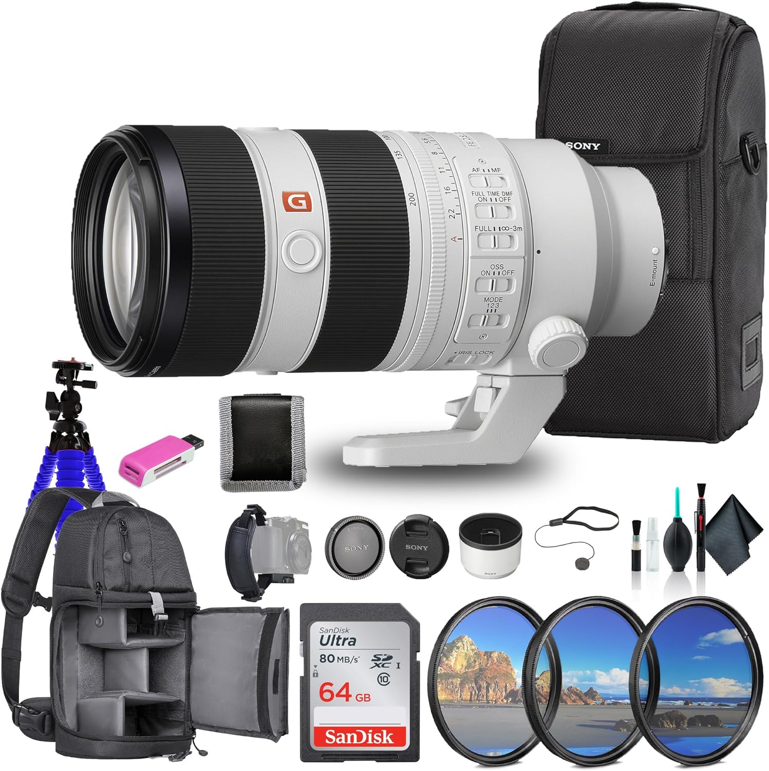 Sony FE 70-200mm f/2.8 GM OSS II Lens with accessories
