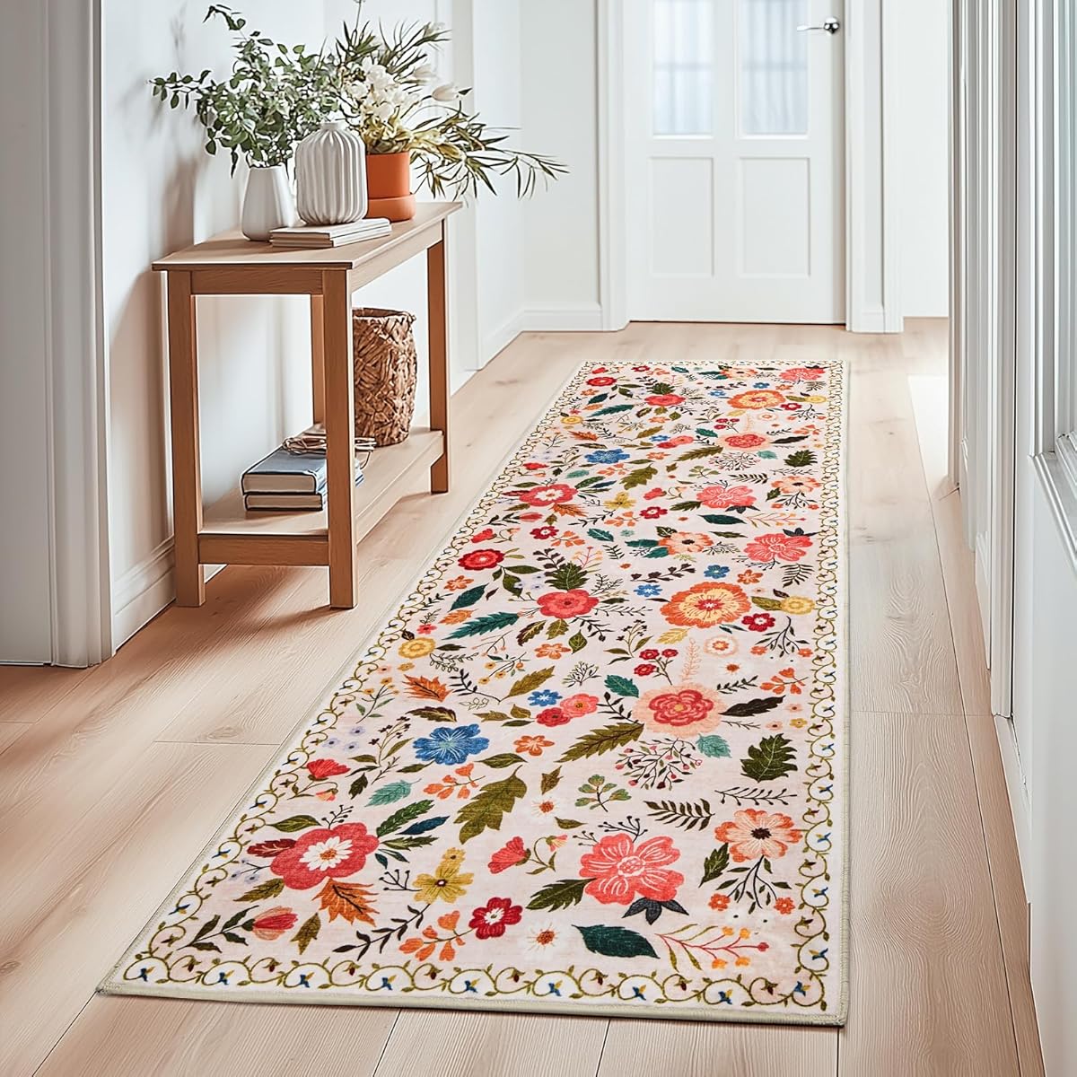 Runner Rugs for Hallway 2x6 Ft, Ultra Thin Non-Slip Long Floral Carpet Washable, Area Rug for Living Room Bedside Entryway Hall Bedroom Stain Resistant Boho Low-Pile Indoor(Beige with Pink)