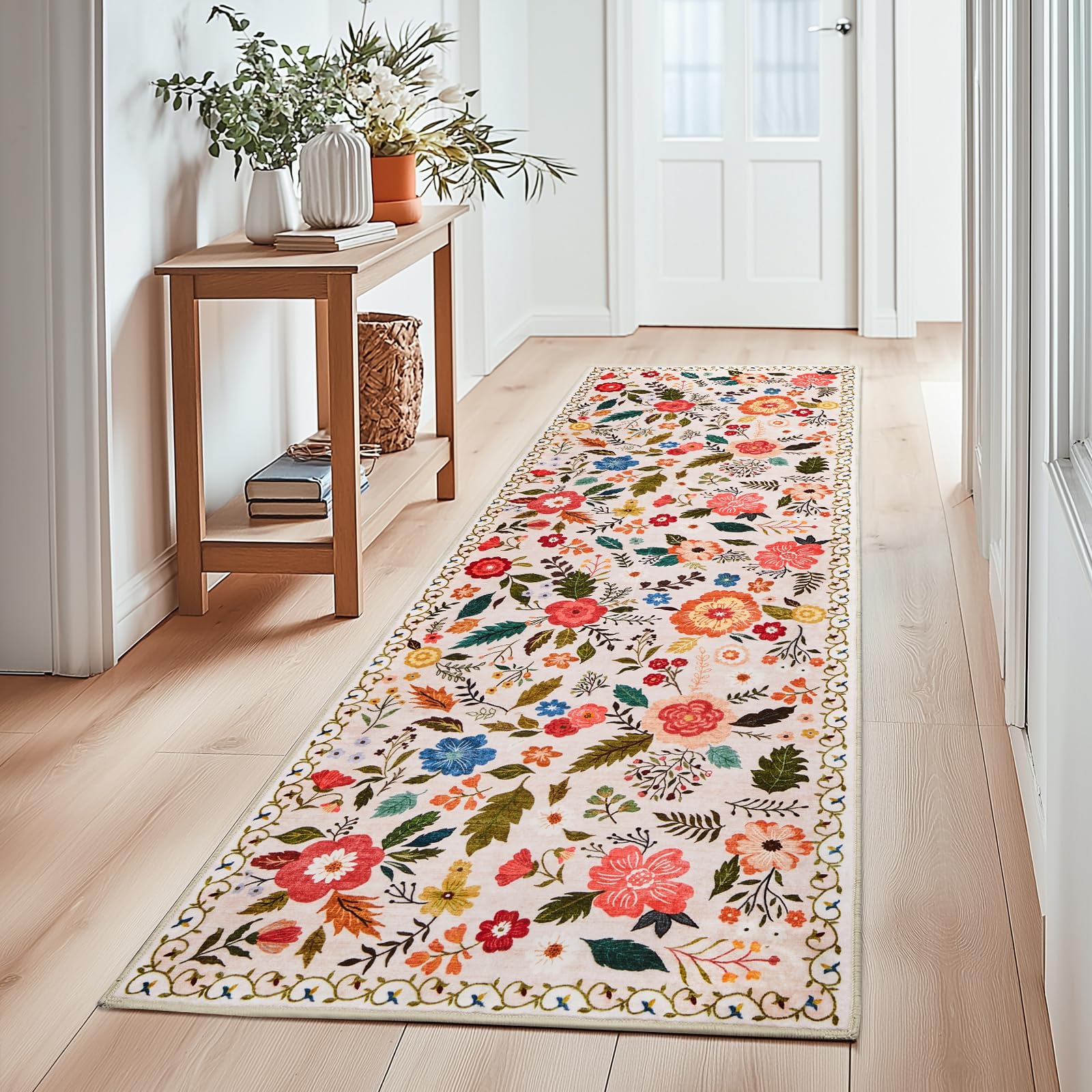 Puremy Waschbarer Flur Teppich Kurzflor Läufer, Vintage Blumenmuster Niedriger Flor, Wohnzimmerteppich Weich Teppiche für Bettvorleger Matte/Deko/Schlafzimmer/Kinderzimmer, 80x150cm, Beige