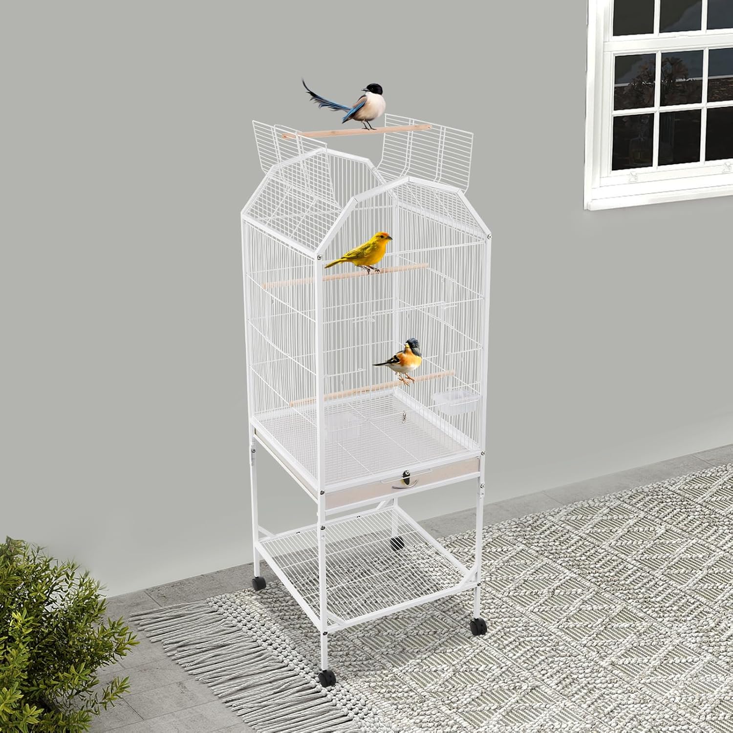 53.54in Arched Top Bird Cage, 4 Universal Wheels (2 with Brakes) Iron Birdcage with Perches & Removable Tray, Open Top and Rolling Stand Medium Small Bird Cage for Parrot Budgerigar Lovebird(White)