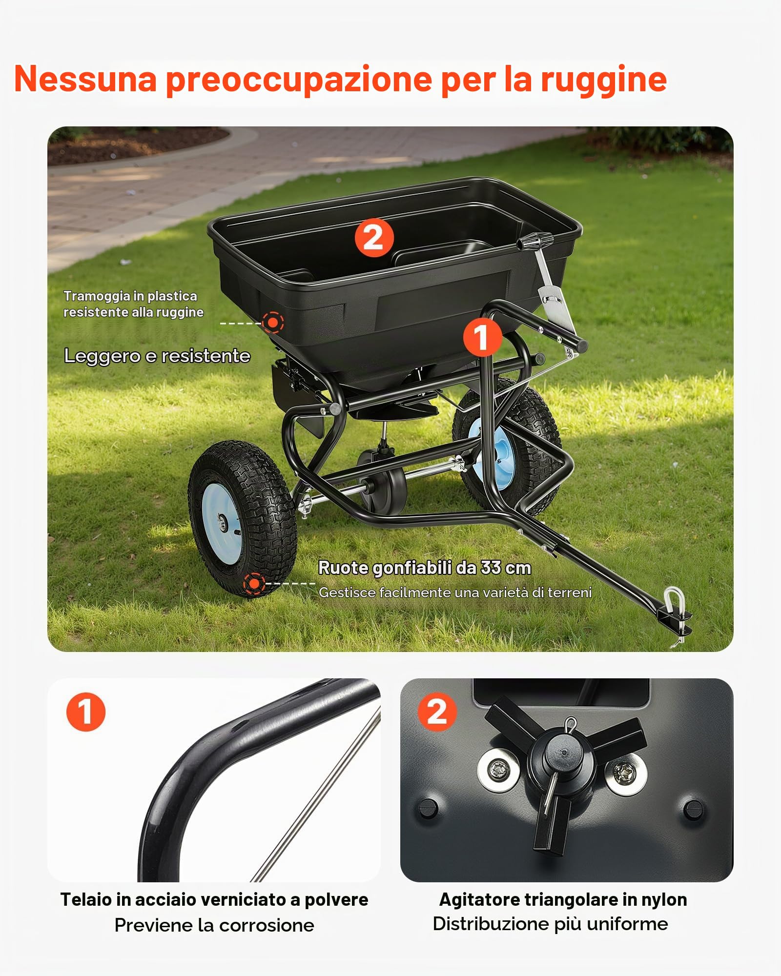 VEVOR Spandiconcime a Spinta capacità di 59 kg, Spandiconcime da Giardino Trainato con Pneumatici da 330 mm, 30 Impostazioni Regolabili, per Prato per Semi, Fertilizzanti, Sale, Antighiaccio