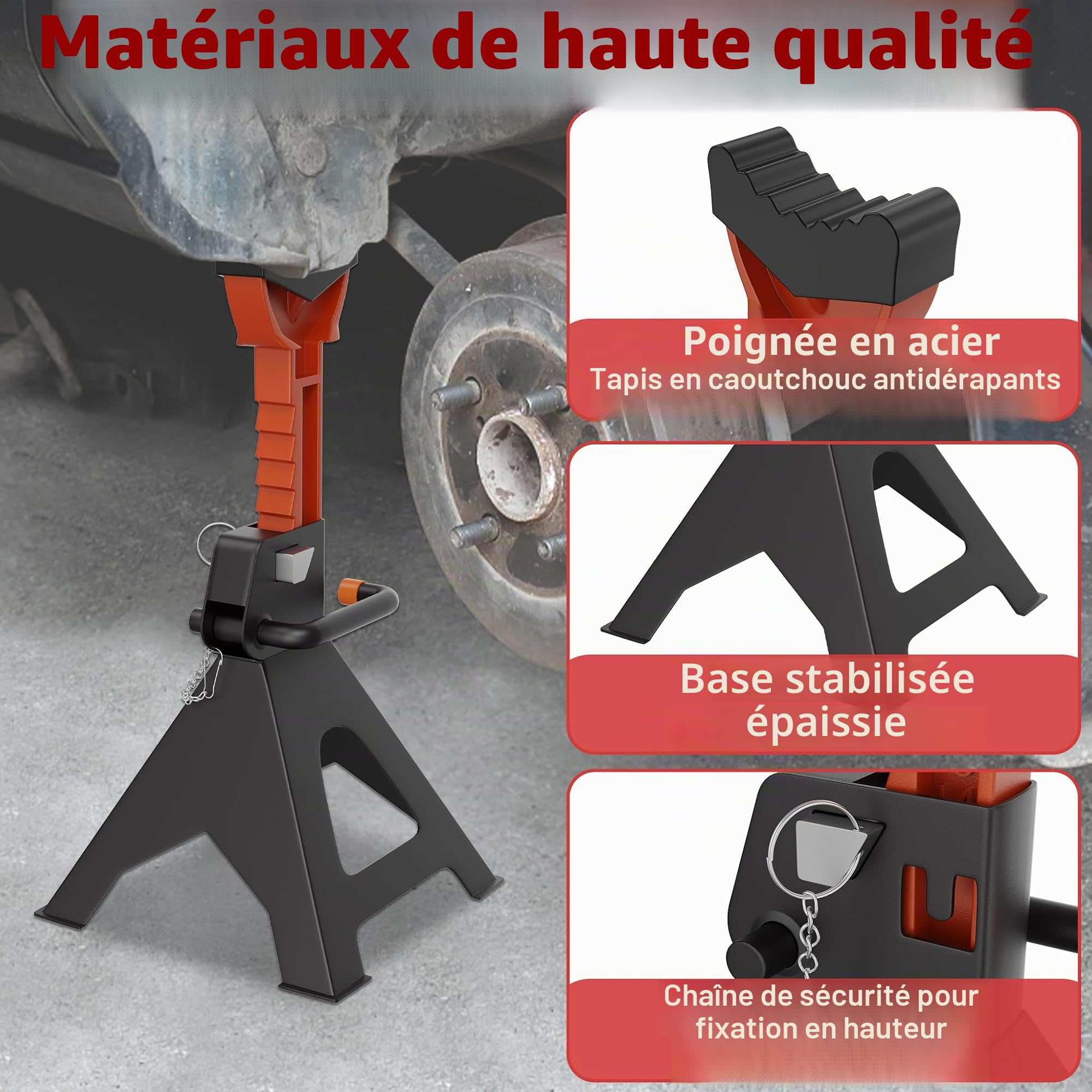 LZQ Lot de 4 chandelles d'essieu réglables en hauteur 3T avec goupille de sécurité et patins en caoutchouc - Support pour voitures, camions et camping-cars - Pour atelier et réparation
