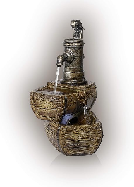 Alpine Corporation 36 cm Tall Outdoor 2-Tier Water Pump Barrel Fountain with LED Lights, Beige
