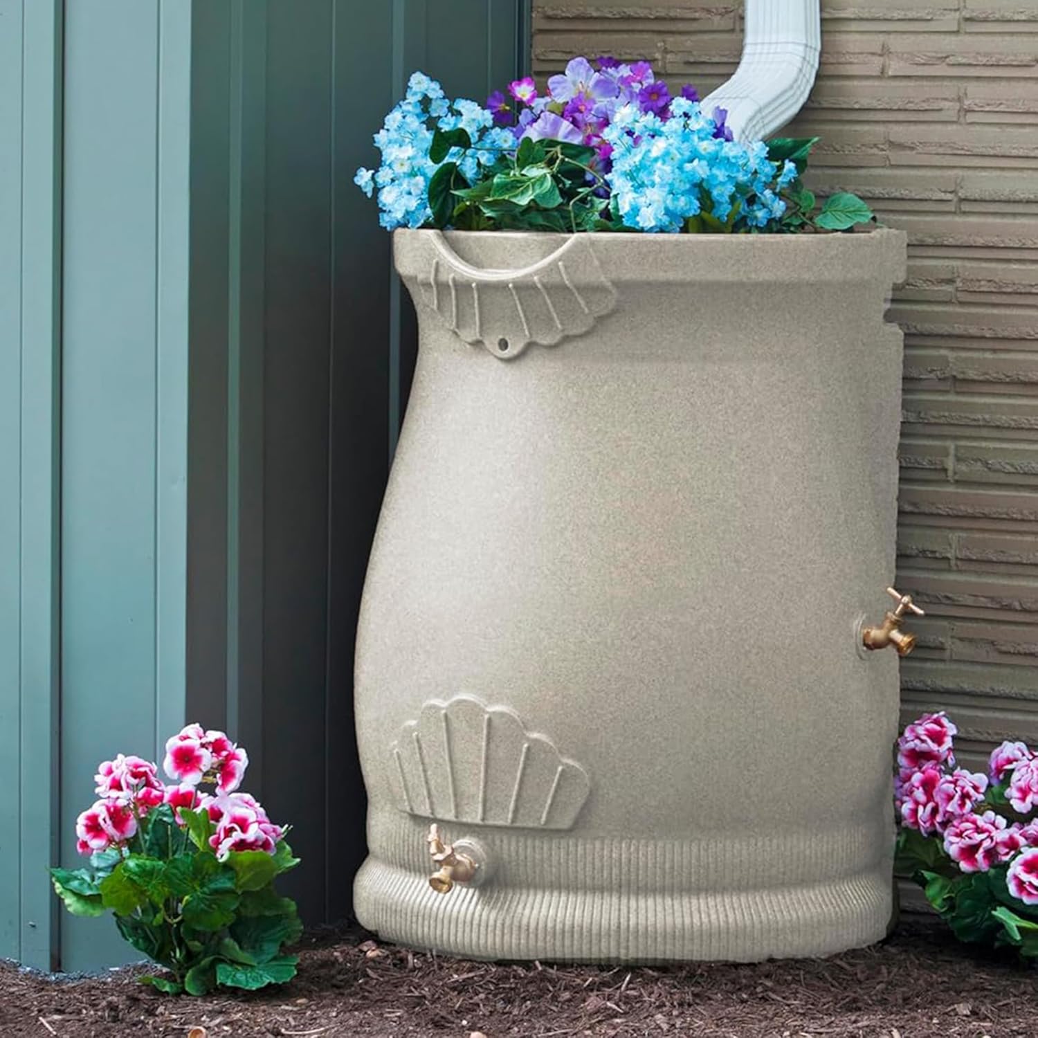 Good Ideas Rain Wizard 50 Gallon Rain Saver Barrel Water Storage Urn with Planter Space and 2 Brass Spigots, Sandstone (2 Pack)