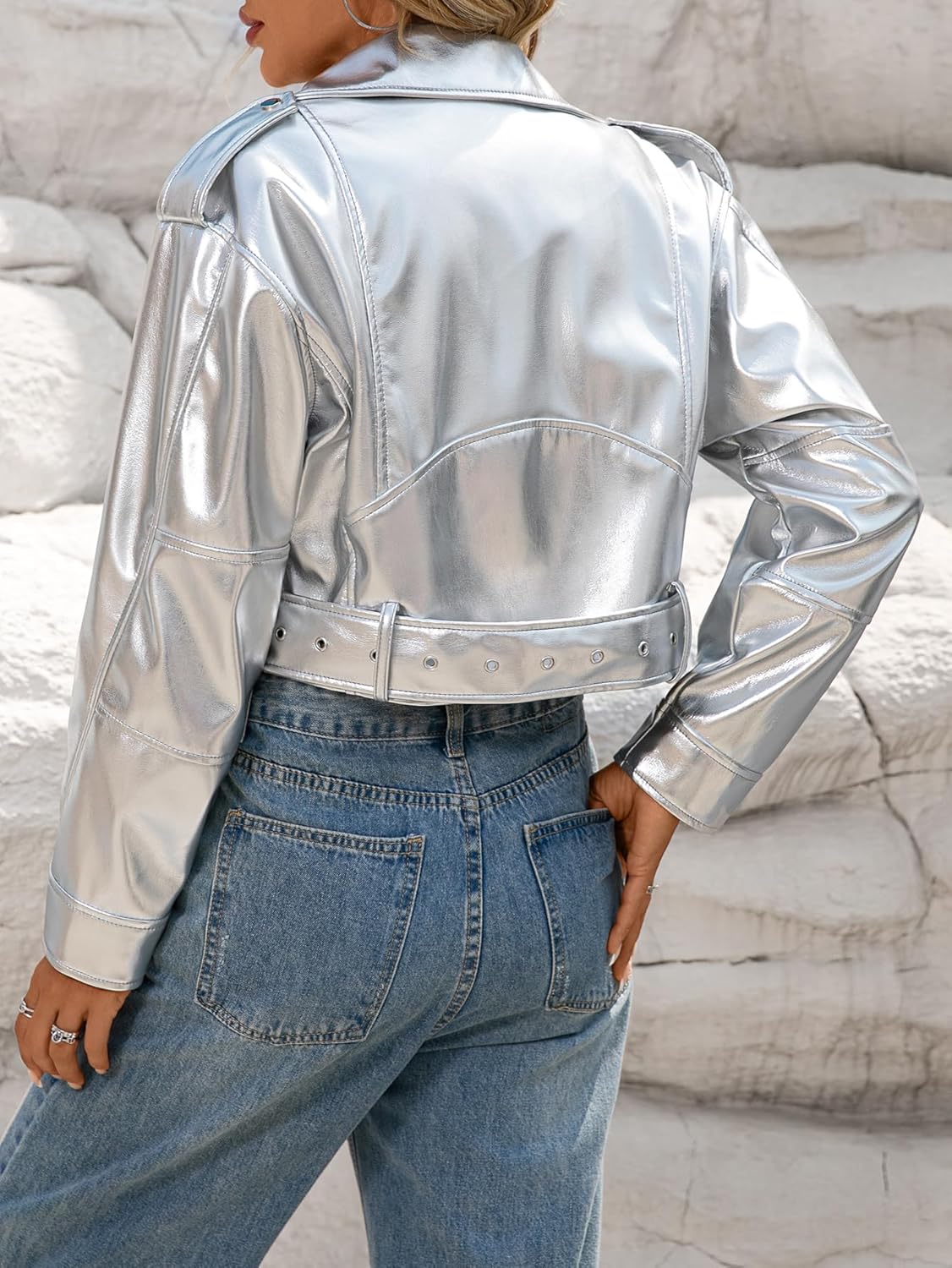 LY VAREY LIN Women Faux Leather Cropped Jacket Vegan Motor Biker Coat with Belt