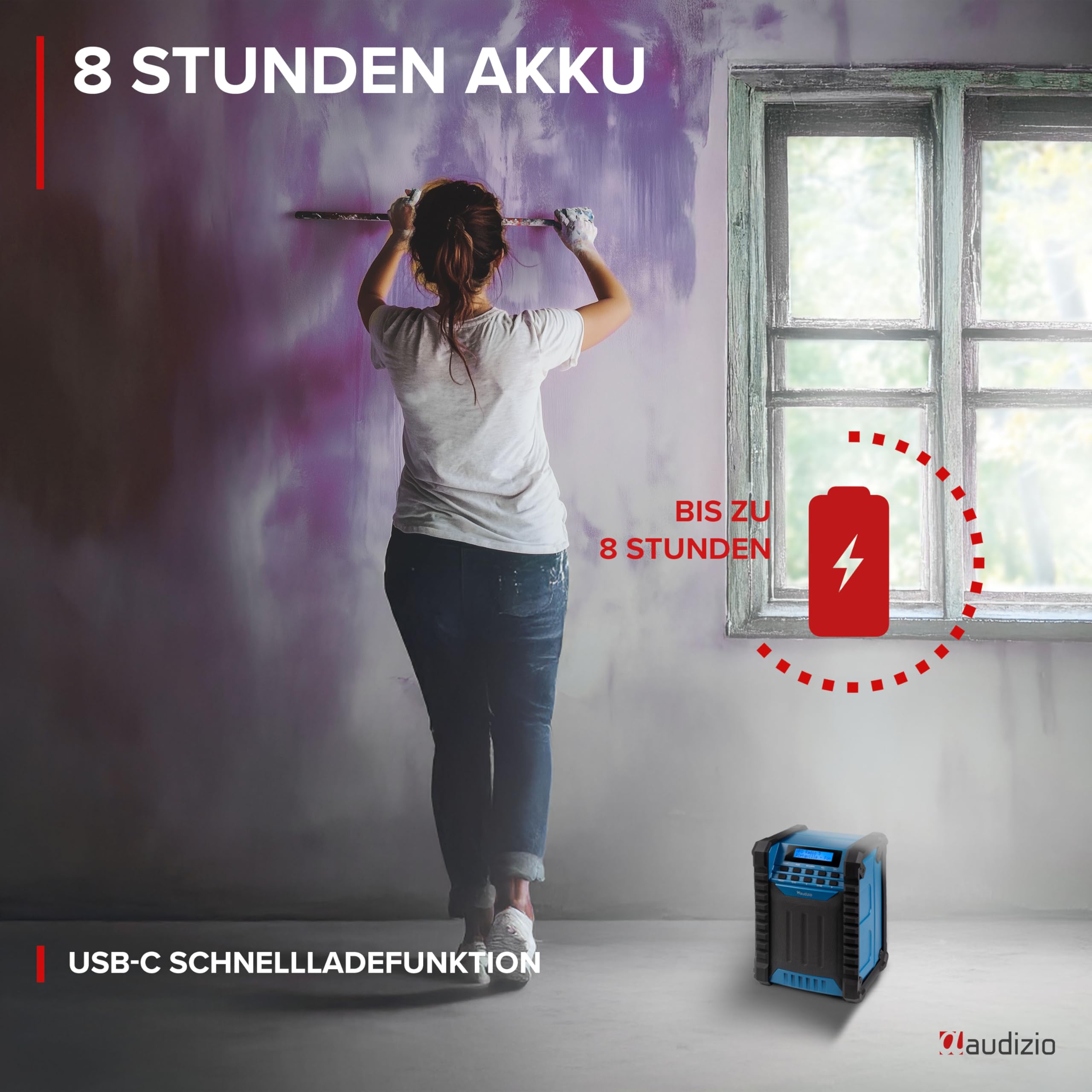 Audizio Jobsite - Baustellenradio DAB Plus Radio mit Bluetooth 5.0, Akku 8h, 100 Watt Leistung, IP54 Wasserdicht, FM, Tragegriff, DAB+, Werkstattradio mit AUX & USB, Outdoor Radio