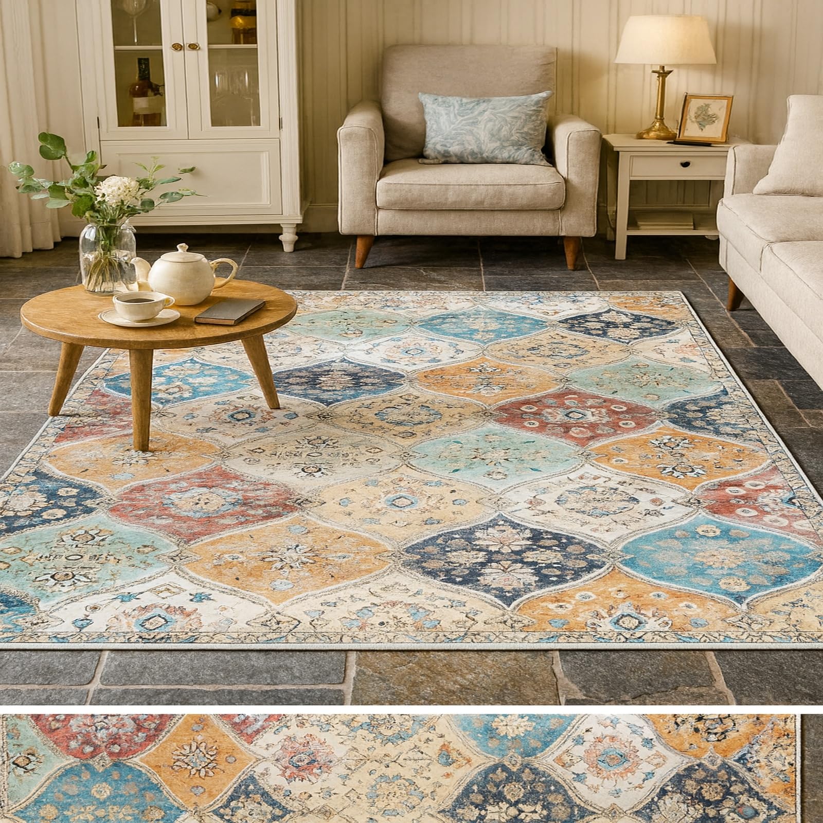 Tapis de salon géométrique vintage 100x160cm idéal pour sublimer une chambre chaleureuse
