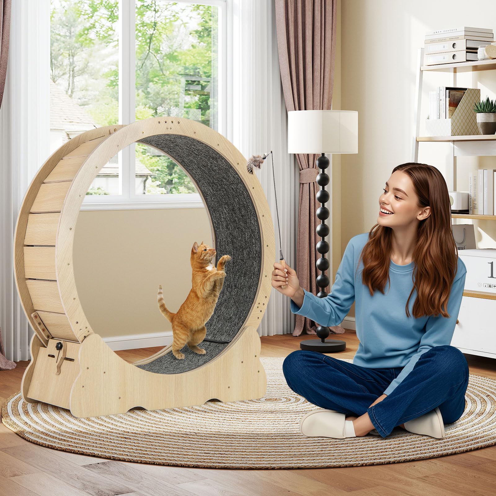 COSTWAY Ruota per Esercizio per Gatti da Interno 101 cm, Tapis Roulant per Gatti con Meccanismo di Blocco, Corsa con Moquette Rimovibile, Ruota di Allenamento in Legno a Rumore Ultra Basso