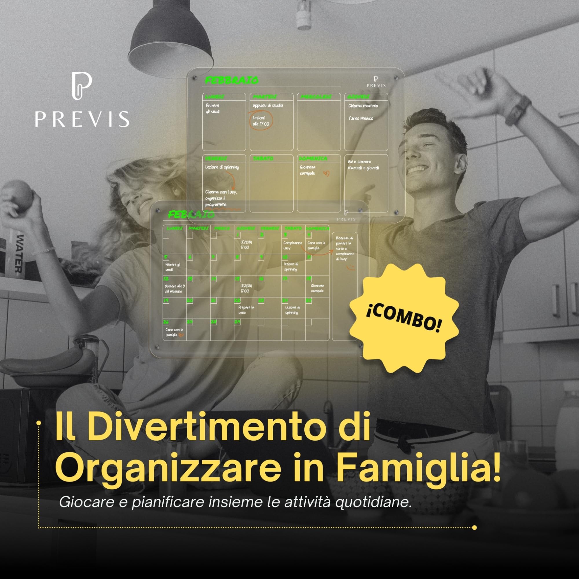 Previs Brand Kit di 2x Lavagna Magnetica Frigo Trasparente (Settimanale + Mensile) A4 (21x29,7cm) con 4 Pennarelli Premium - 2x Calendario Acrilico Trasparente Frigo