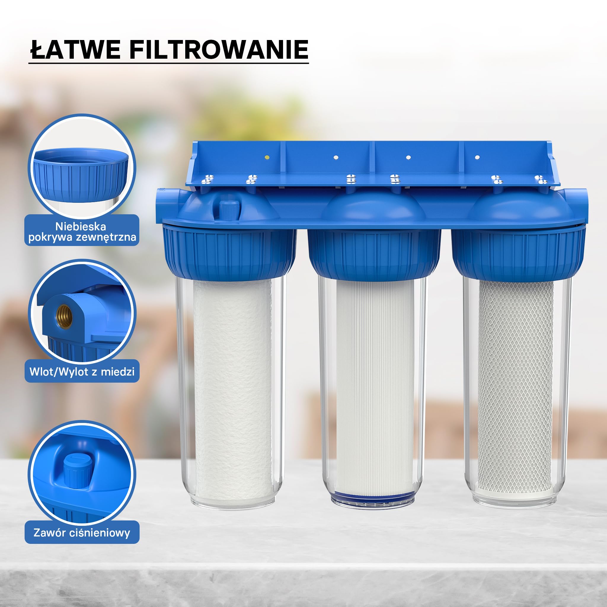 Naturewater NW-BR10B4 3-stopniowy filtr do wody, 5 µ, 26,16 mm (3/4"), wkład PP Ø60 mm, uchwyt ścienny filtra, klucz do filtra, filtr osadów blok węgla aktywnego granulat węgla aktywnego