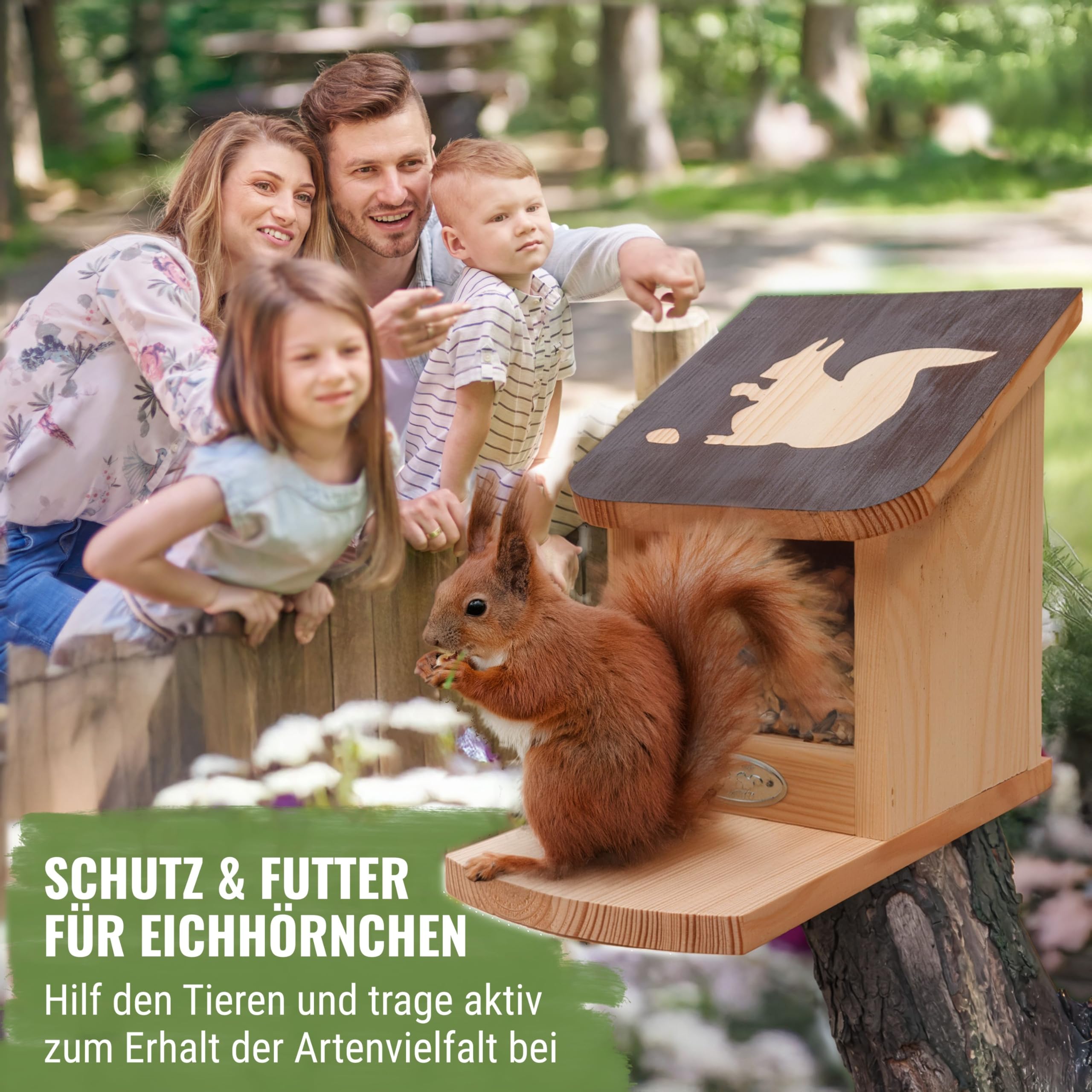 Eichhörnchen Futterhaus mit Dachmotiv - Eichhörnchen Haus und Futterhaus wetterfest - Unbehandelte Futterstation aus Kiefernholz - für Garten und Balkon