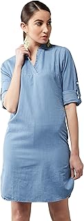 Dolce Crudo Women's Light Blue Denim Solid Knee Length Dress