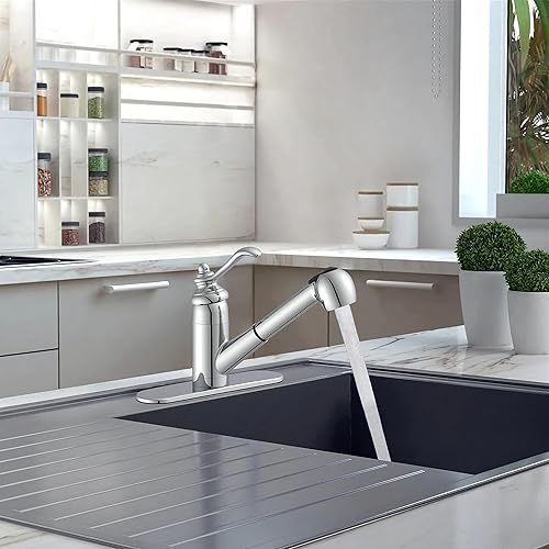 Miniatura 4 de Grifo para fregadero de cocina con rociador extraíble, adaptado a un solo orificio con placa de cubierta de 3 agujeros, líneas de suministro de agua