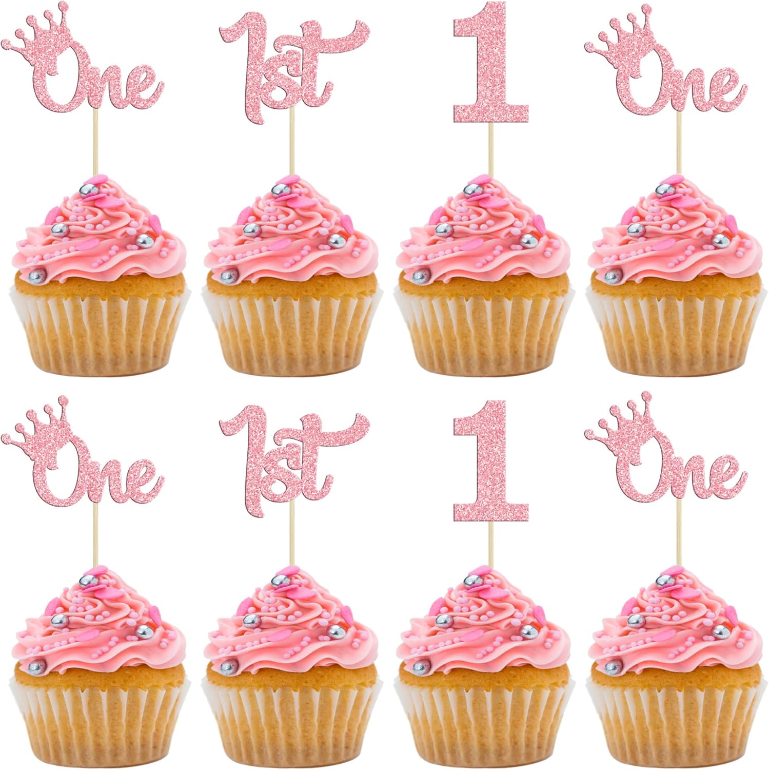 24Pcs One Cupcake Toppers Glitter 1st Birthday Cupcake Pick Decorations