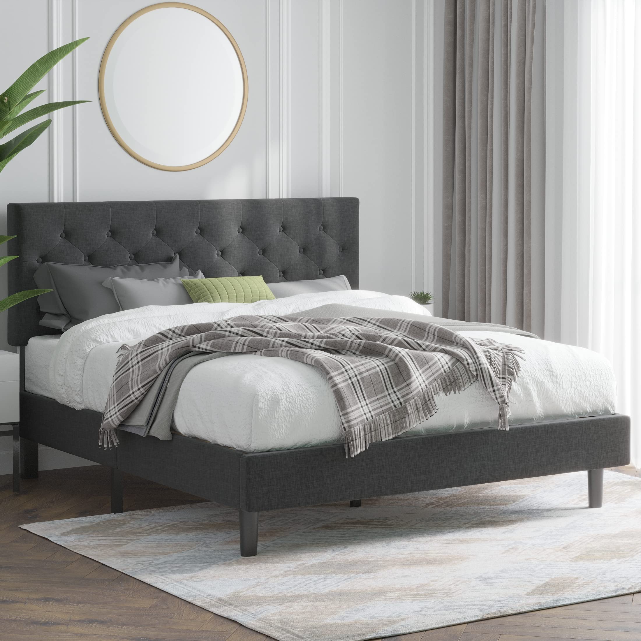 Amazon.com: Queen Platform Bed Frame with headboard / Upholstered Stitched  Button Tufted Adjustable Headboard / Wood Slat Support / No Box Spring  Needed / Easy Assembly （Grey） : Home & Kitchen