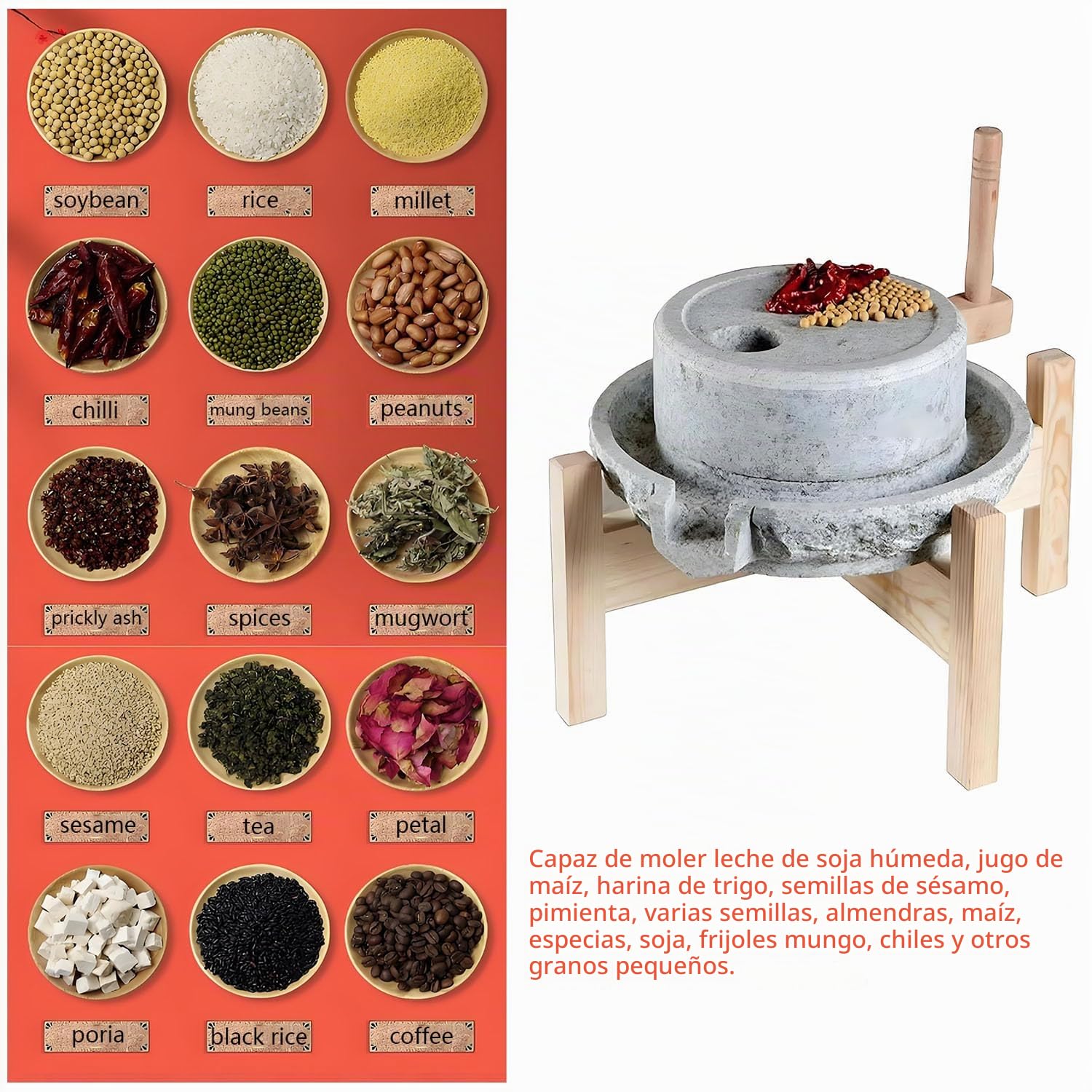 Molinillo de cereales manual, para el hogar con soporte de madera, molinillo húmedo y seco con manivela manual, picadora de especias, molinillo de café, para cereales, granos y cebada (tamaño:35cm)