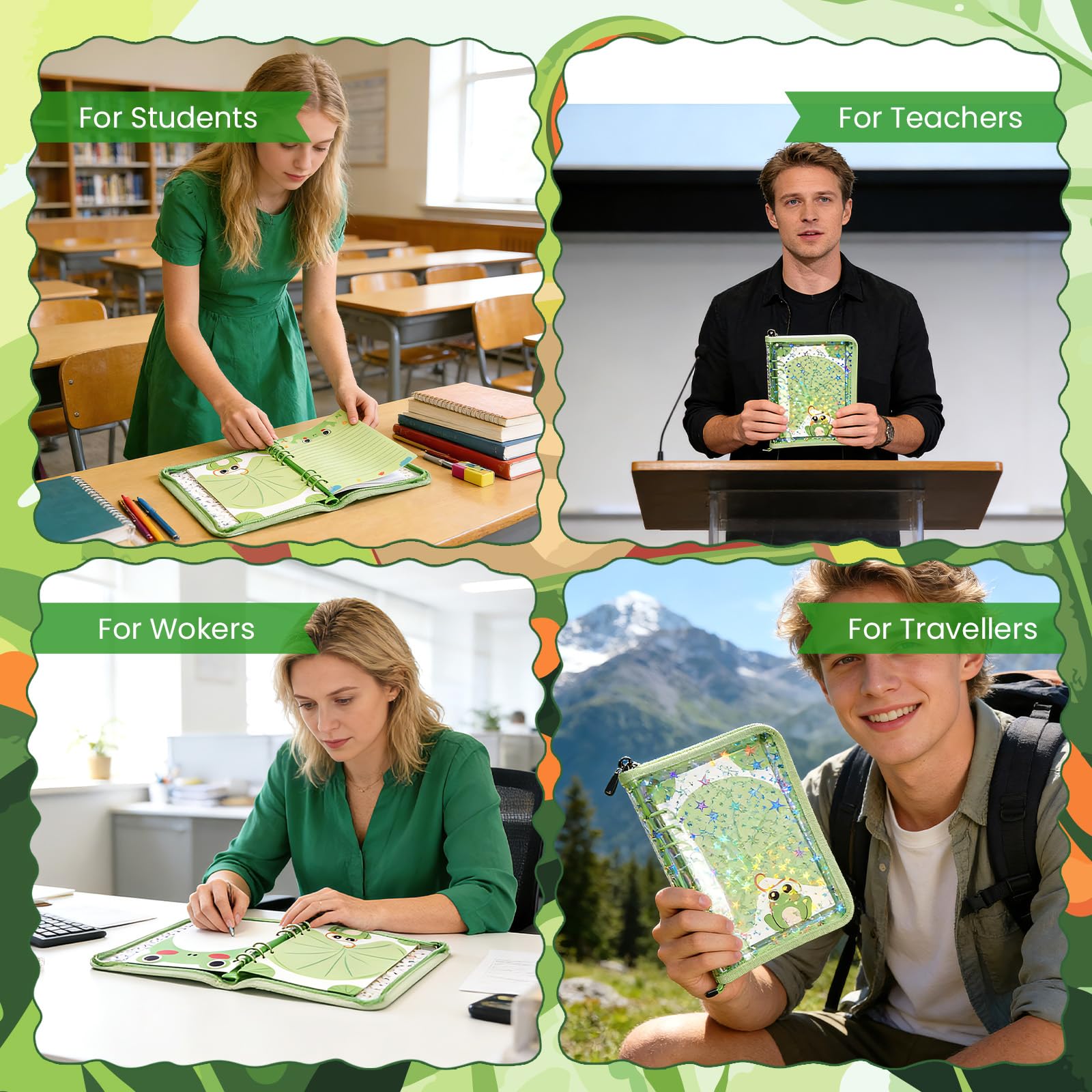Lot de 100 feuilles de feuilles de papier de rechange épais en forme de grenouille verte A5 pour classeur A5 à 6 anneaux, feuilles mobiles pour journal intime, planification créative, budget, remise