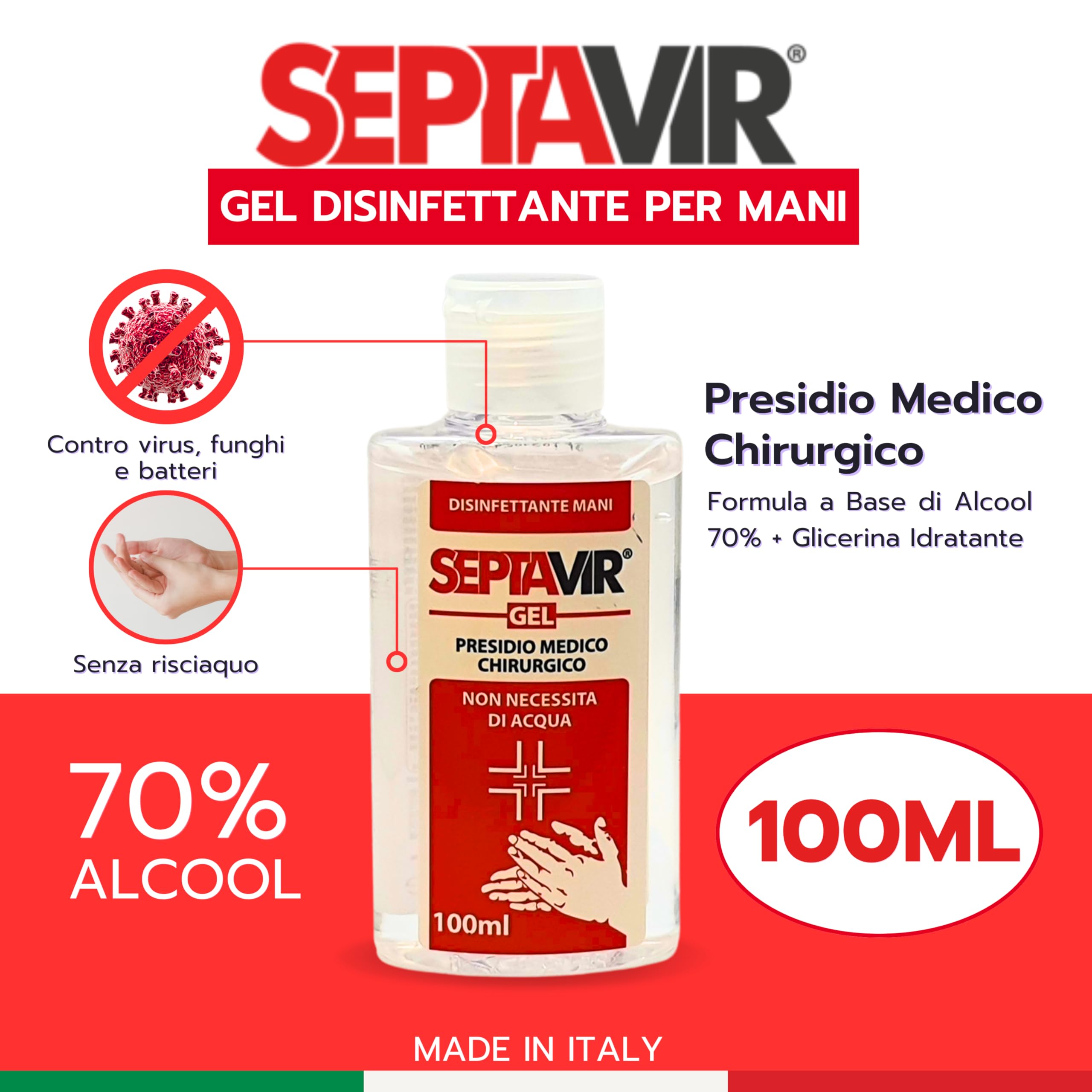 Disinfettante Mani Gel 100ml Pronto all’Uso Presidio Medico Chirurgico Senza Risciacquo