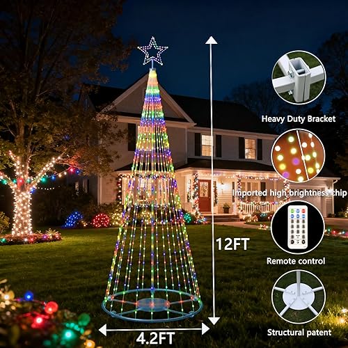 Miniatura 4 de Luces de árbol de Navidad iluminadas al aire libre de 12 pies, cono, estrella alta, árboles de Navidad artificiales, decoración exterior para