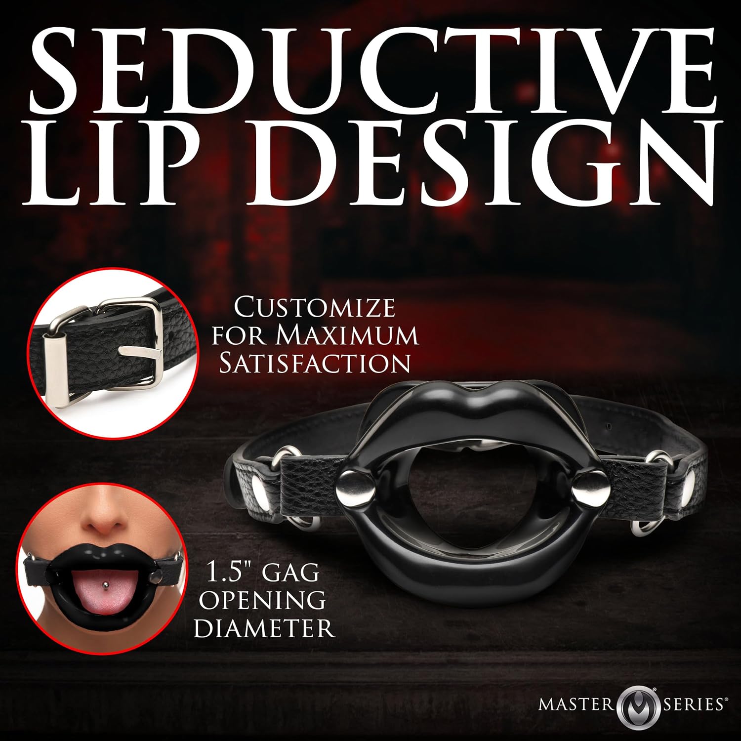 MASTER SERIES Juicy Lips Silicone Open Mouth Gag for Beginners, Men, Women, & Couples. Keeps Mouth Open. Adjustable Strap. Nickel-Free Metal and Vegan Leather. 1 Piece, Black.