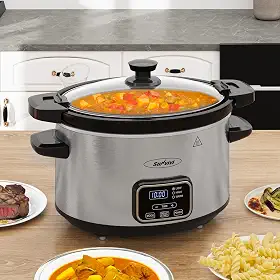 Sunvivi Panela Elétrica De Cozimento Lento De 4 Qt, Panela Elétrica Programável Com Tampa Com Trava, Panela De Cerâmica Removível, 3 Configurações De Aquecimento E Controle De Tempo, Mini Aquecedor