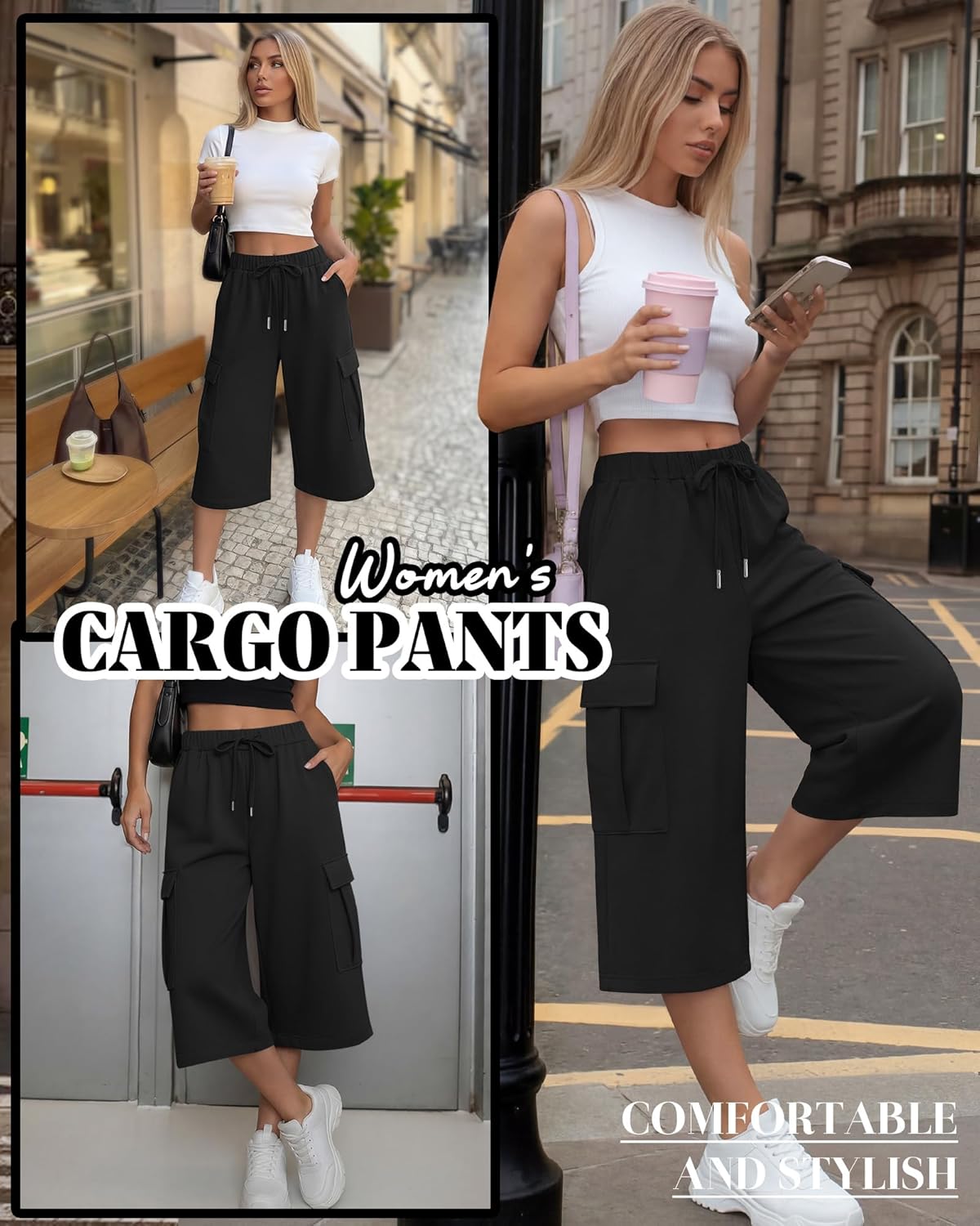 Women's Capri Pants Baggy Cargo Wide Leg Cropped Sweatpants Drawstring Casual Oversized Jogger with 4 Pockets