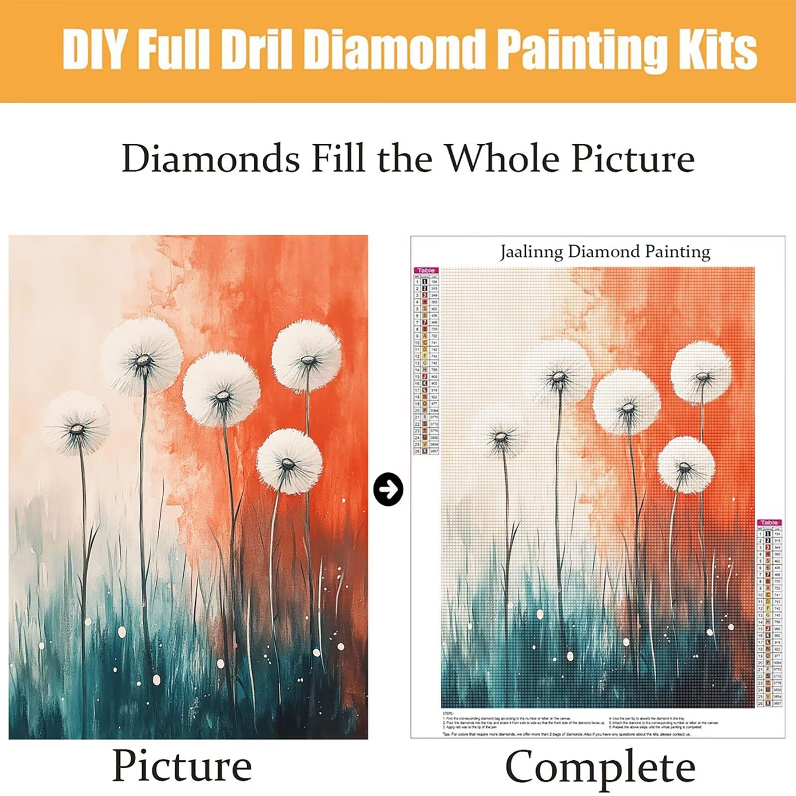Diamond Painting Kit Completo, Diamond Painting Astratto, 5D Pittura Diamante Kit Manualidades Adultos DIY Diamantini Crystal Art Disegni Ricamo a Punto Croce Artigianale,60x90cm Dente Di Leone j0-609