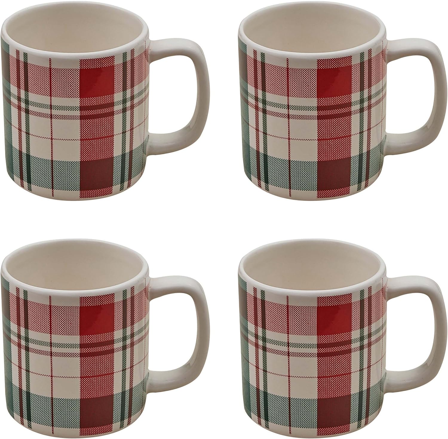 Split P Winter Botanic Plaid Mug Set of 4 | 16 oz White Ceramic Cups with Classic Red Green Pattern | Durable Dolomite Drinkware for Coffee Tea Cocoa | Microwave & Dishwasher Safe Kitchen Accent