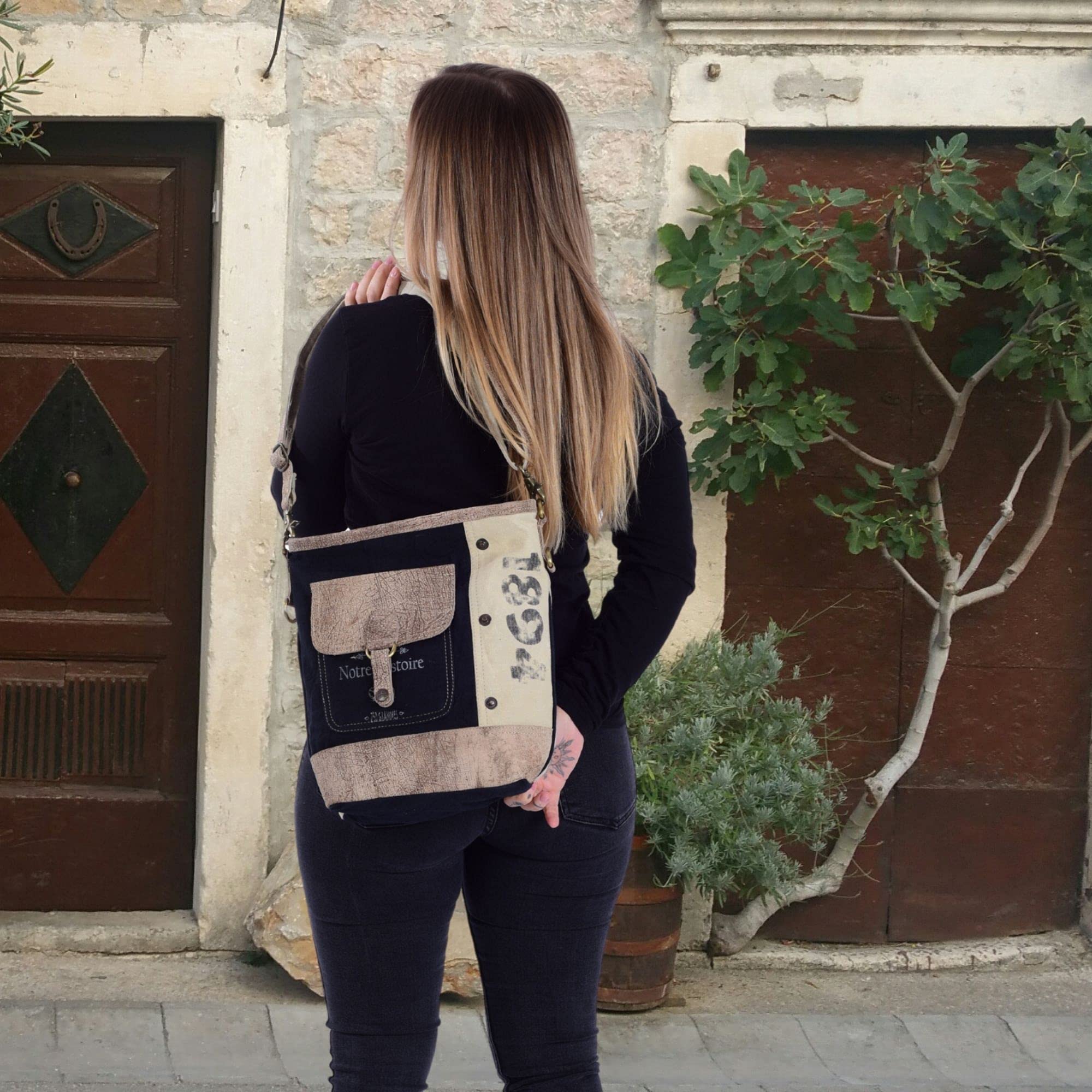 Sunsa Umhängetasche Damen mittelgroß Schultertasche aus Canvas & echt Leder
