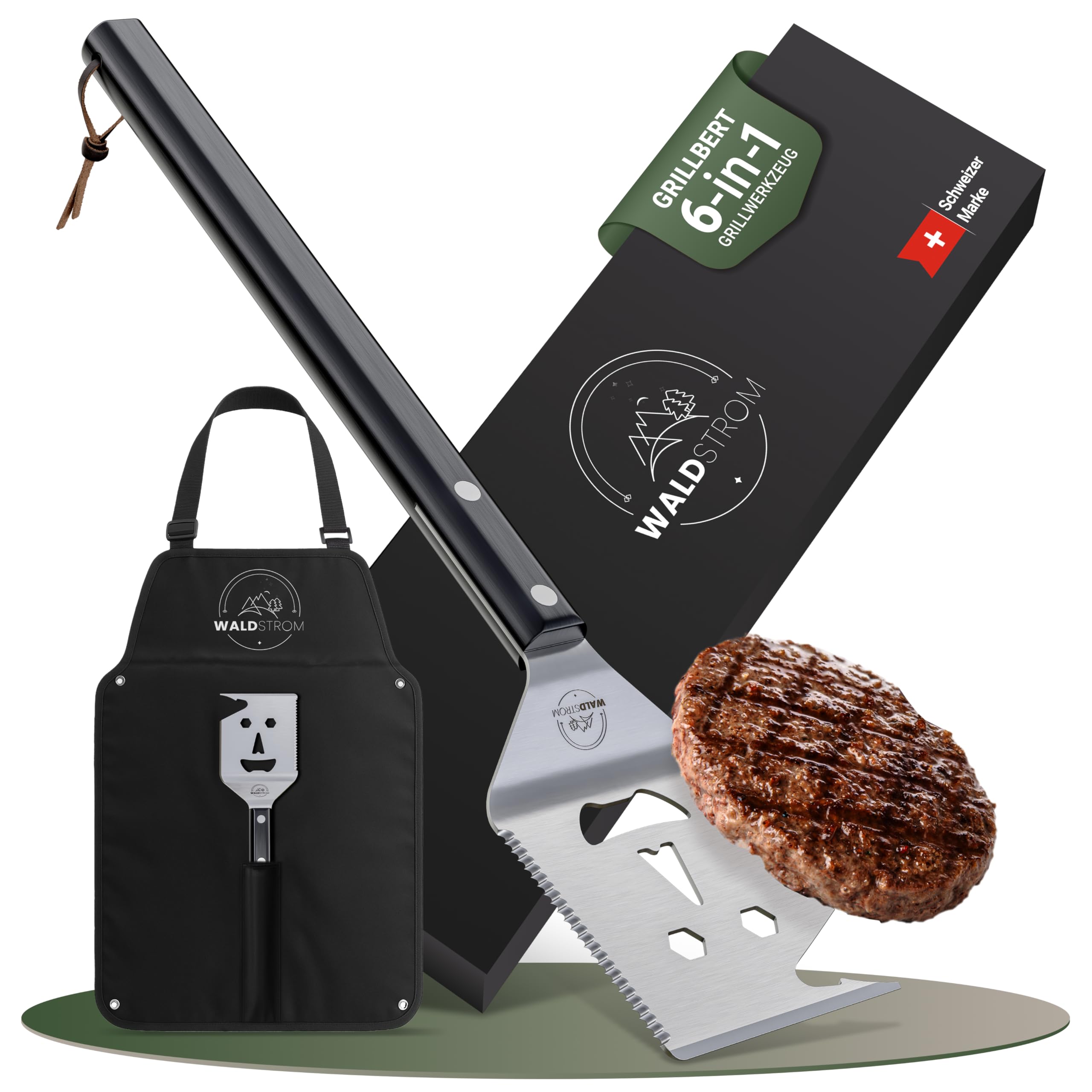 6-in-1 Grillspachtel Multitool I Grill Zubehör Set mit inklusive Grillschürze - ideales BBQ Geschenk für Männer I Geburtstagsgeschenk für Männer