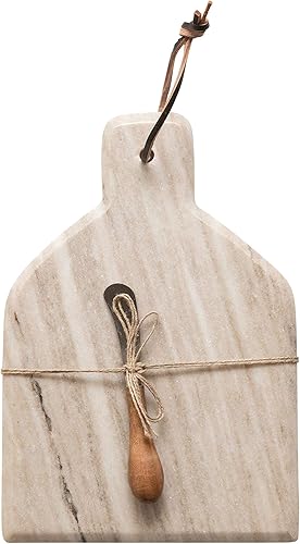 Miniatura 2 de Creative Co-Op Juego de 2 tablas de cortar y queso de mármol con asa, corbata de cuero y cuchillo canapé, pulidor