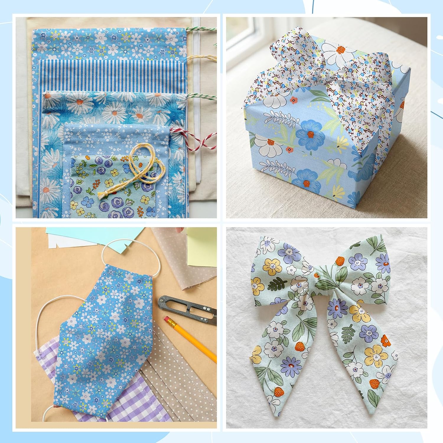HunnmingRe 20 Pcs 10''x10'' Blue Flower Quilting Fabric Square Spring Floral Precuts Quilted Fabric Bundle Plaid Polka Dot Stripes Printed Sewing Material for Summer Patchwork DIY Craft Supplies image 5