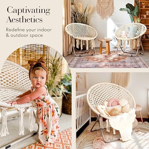 Miniatura 6 de PASAMIC Silla platillo con marco de metal plegable, 100% algodón hecho a mano, sillas redondas acogedoras, exquisita silla de luna para dormitorio,