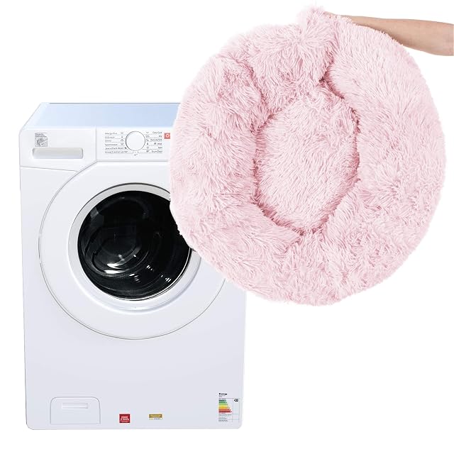 Foto 6 de 8 de SPRINGOS Cama para perros, redonda, de pelo largo, cómoda, mullida, base antideslizante (80 cm, rosa pálido)