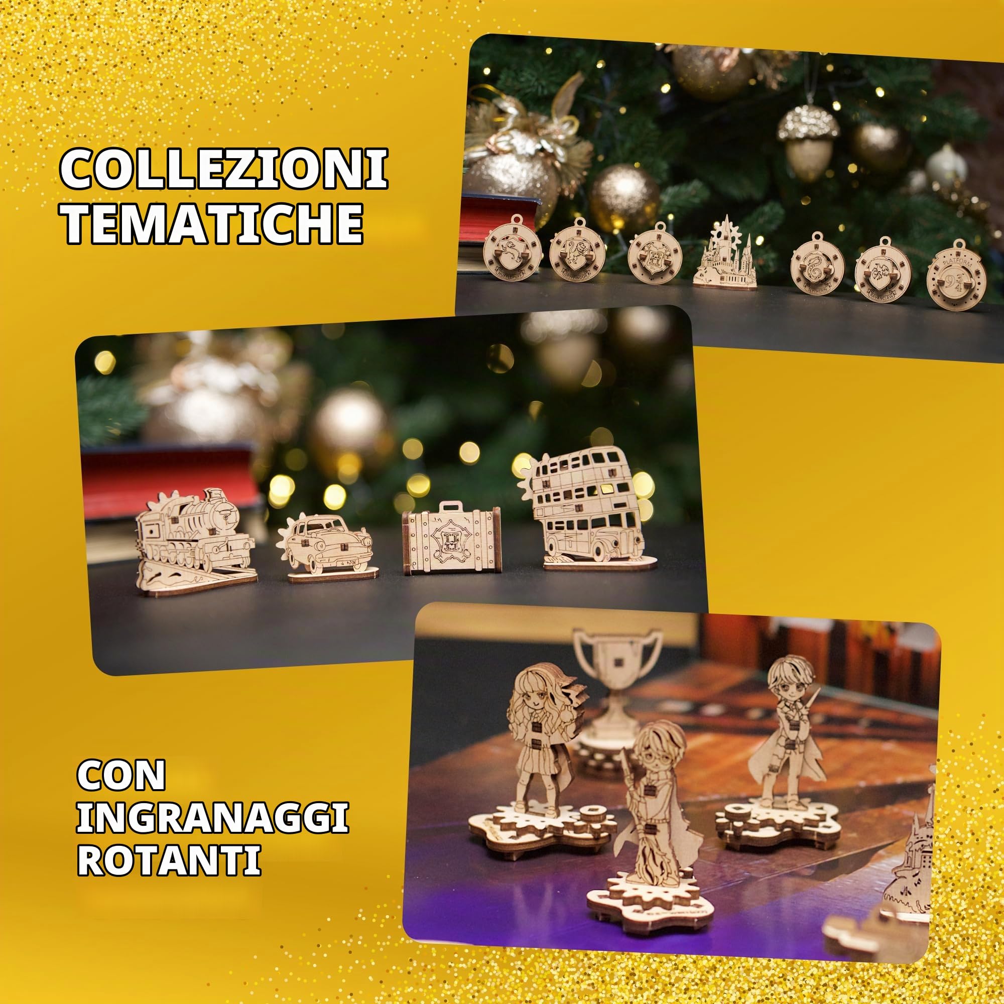 Ugears Calendario Avvento 2023 Harry Potter - Puzzle 3D Legno Modellini Calendario Dell'avvento di Natale con 24 Modellini in Legno da Costruire Include Decorazioni per L'albero di Natale