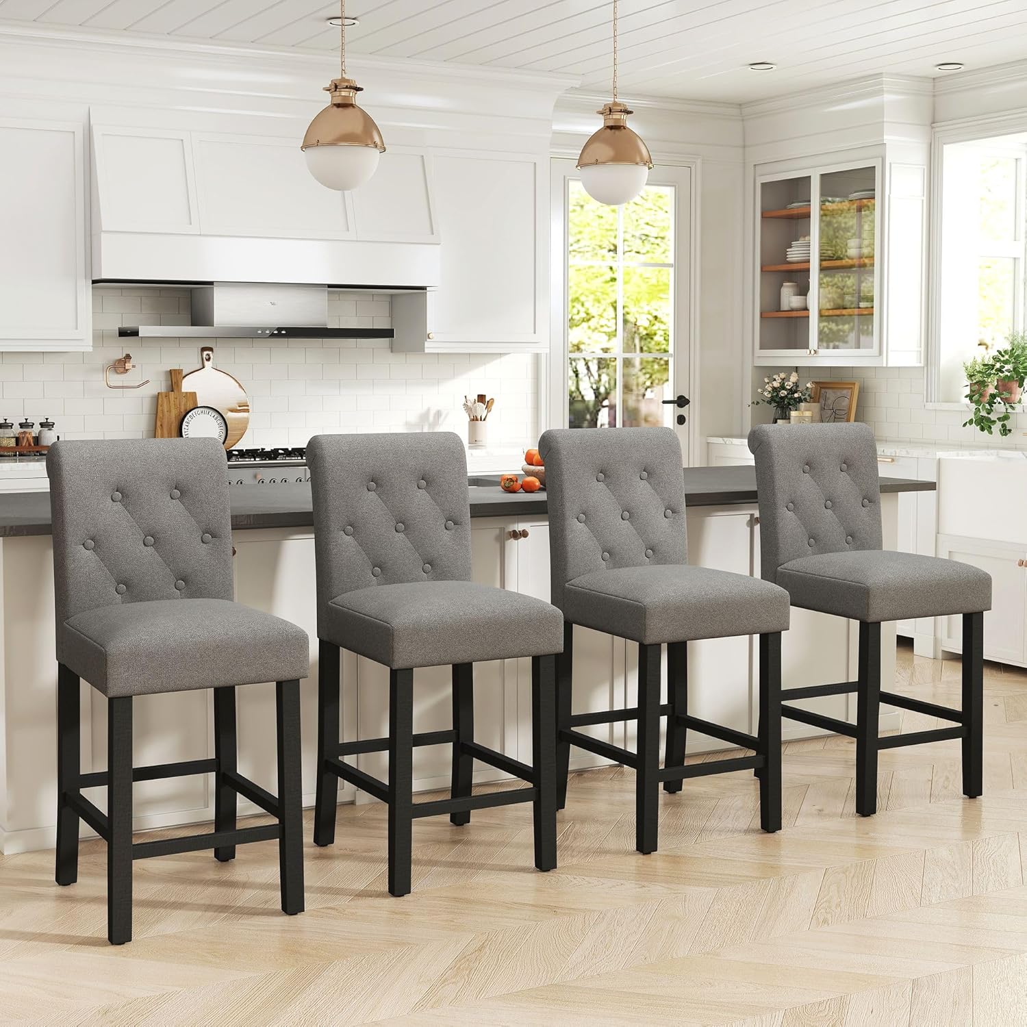 LSSPAID Bar Stools Set of 4, 24 Inch Counter Height Chairs, Upholstered Fabric Padded Kitchen Island Wood Barstools with Button Tufted Backrest and Solid Wood Legs, Grey