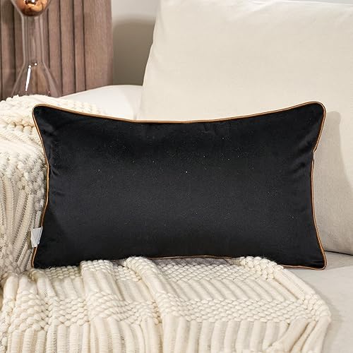 Miniatura 2 de Aeckself Funda de almohada de terciopelo bordado negro de 12 x 20 pulgadas, funda de almohada lumbar decorativa moderna geométrica a cuadros dorados