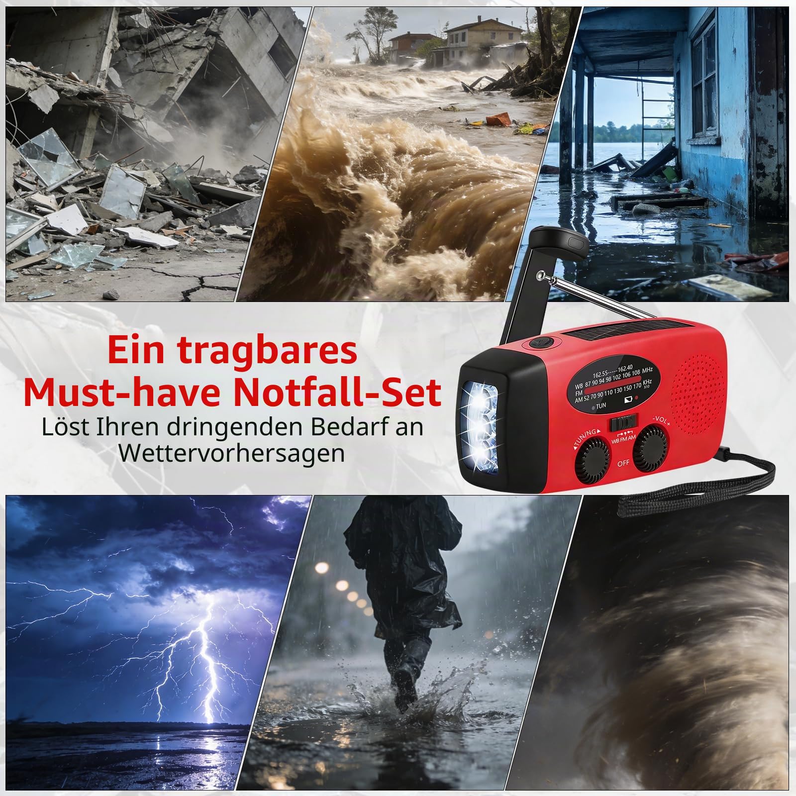 Notfall-Wind-Up-Radio mit wiederaufladbarem USB-Ladegerät/3-LED-Taschenlampe/AM/FM/Wetter/tragbares Solar-Handkurbelradio Haushalt und Outdoor-Camping, Wandern, Reisen